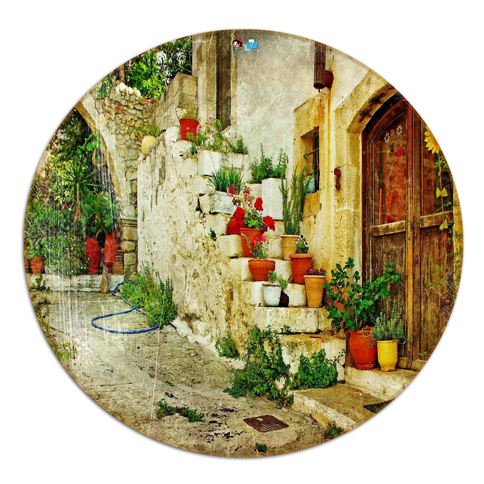 3D Courtyard Potted Plants 18 Round Non Slip Rug Mat Mat AJ Creativity Home