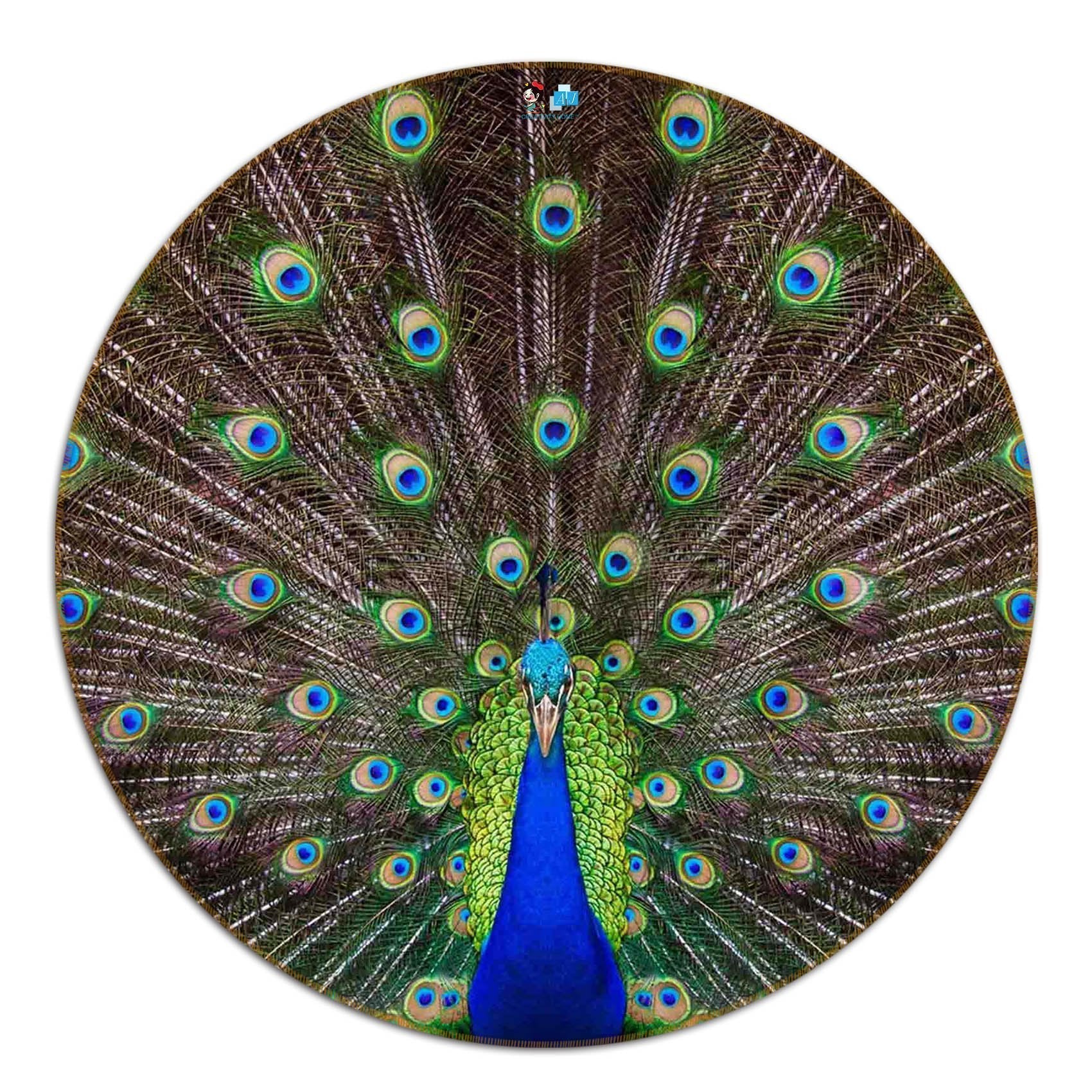 3D Spreading Tail Peacock 96 Round Non Slip Rug Mat Mat AJ Creativity Home