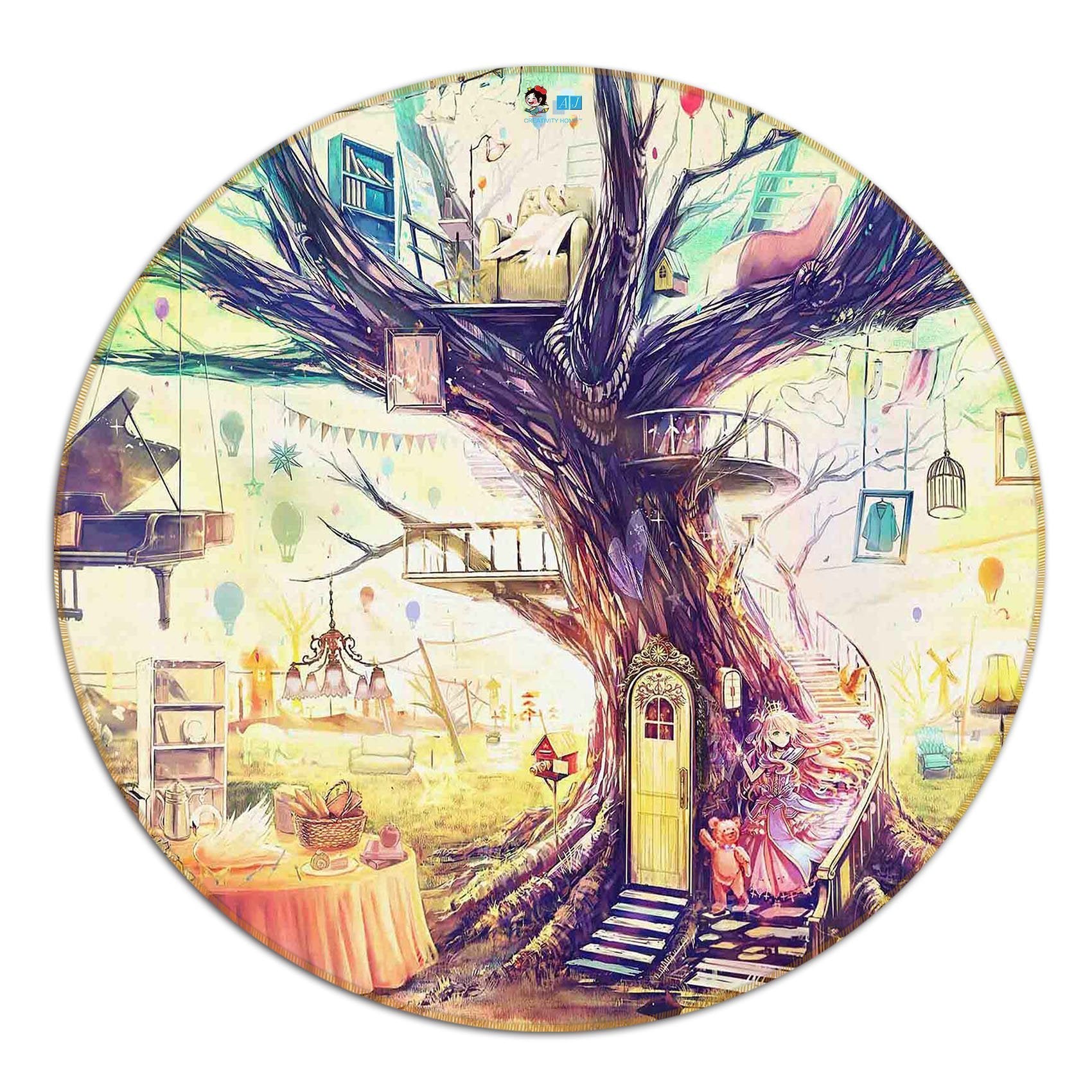 3D Princess Tree House 15 Round Non Slip Rug Mat Mat AJ Creativity Home