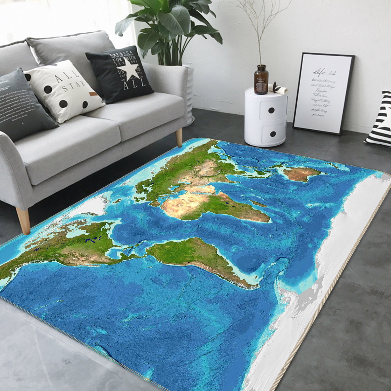 3D Blue Ocean 307 World Map Non Slip Rug Mat