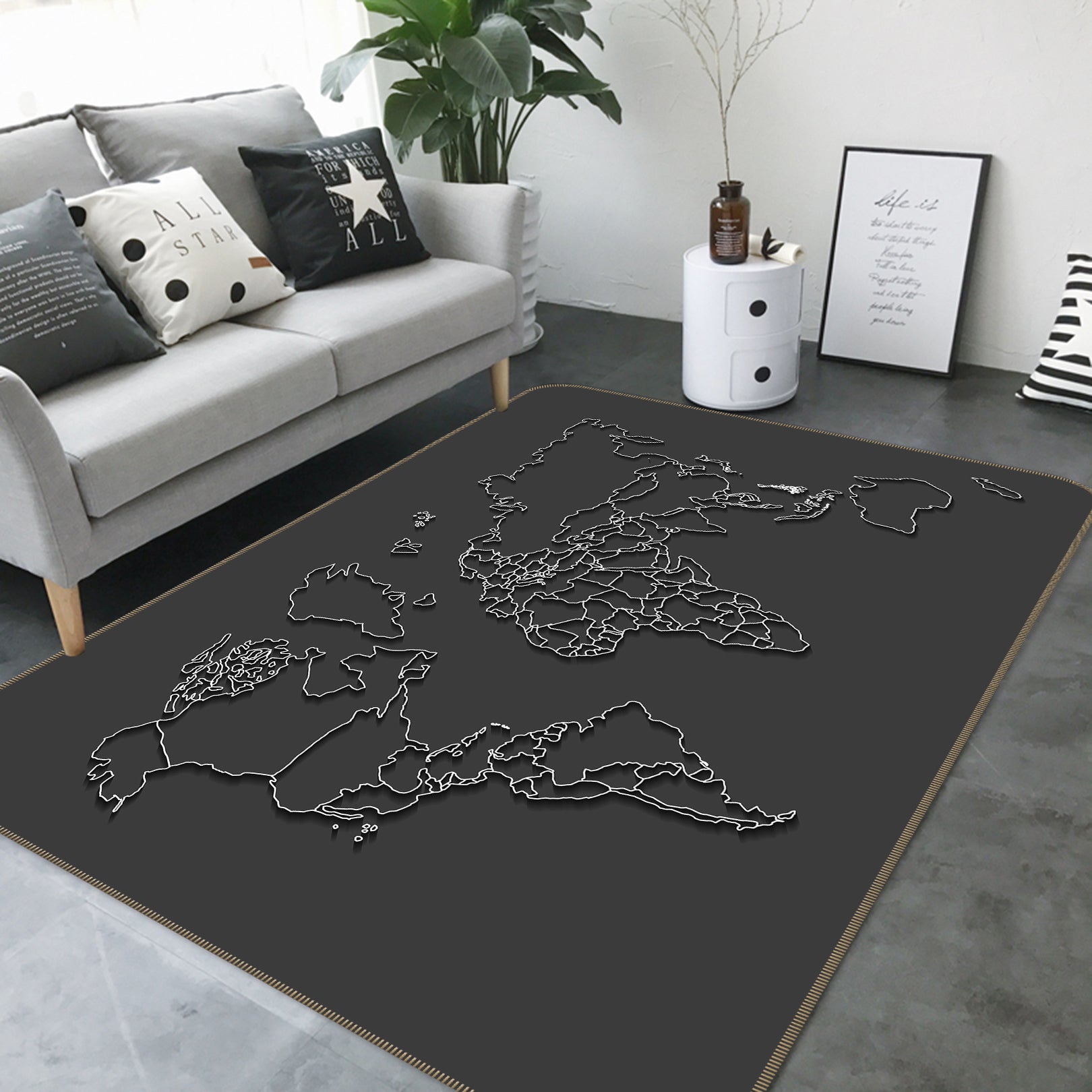 3D Black Pattern 2002 World Map Non Slip Rug Mat