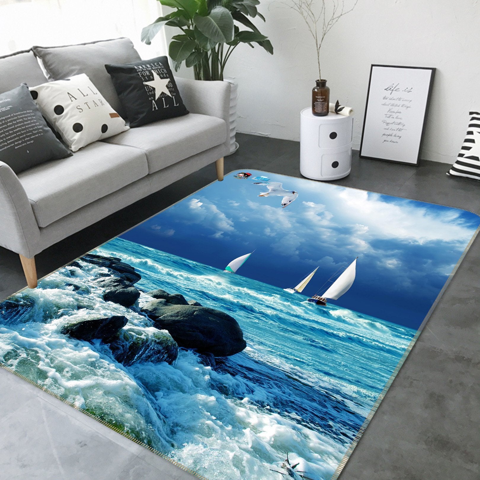 3D Blue Sea Boats Birds 170 Non Slip Rug Mat Mat AJ Creativity Home