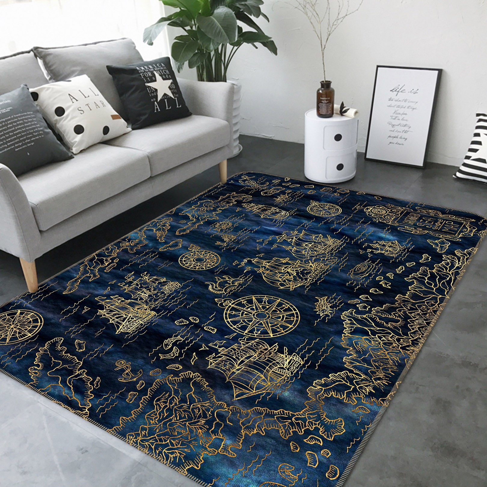 3D Golden Ship 288 World Map Non Slip Rug Mat