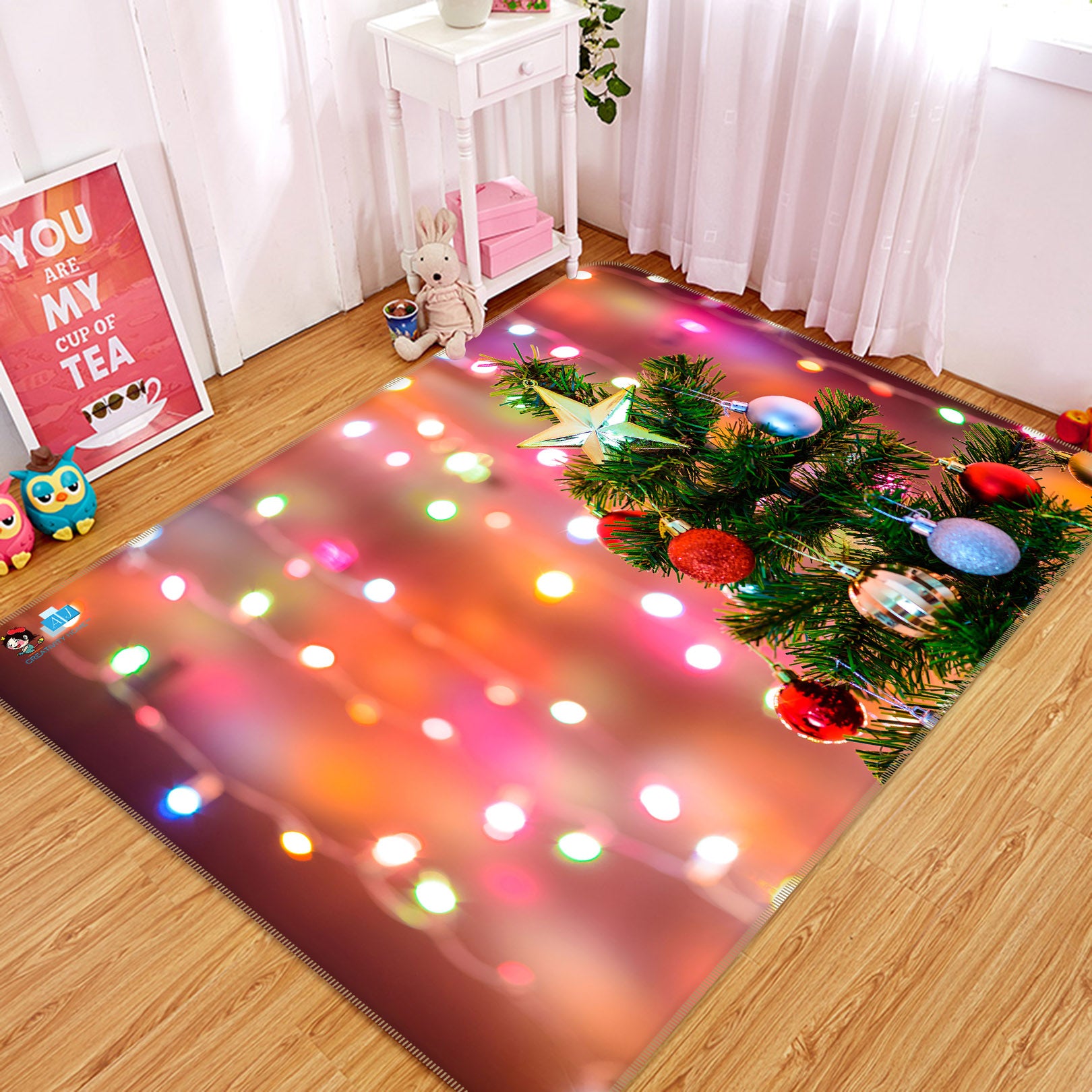 3D Tree Colorful Ball String Lights 56259 Christmas Non Slip Rug Mat Xmas