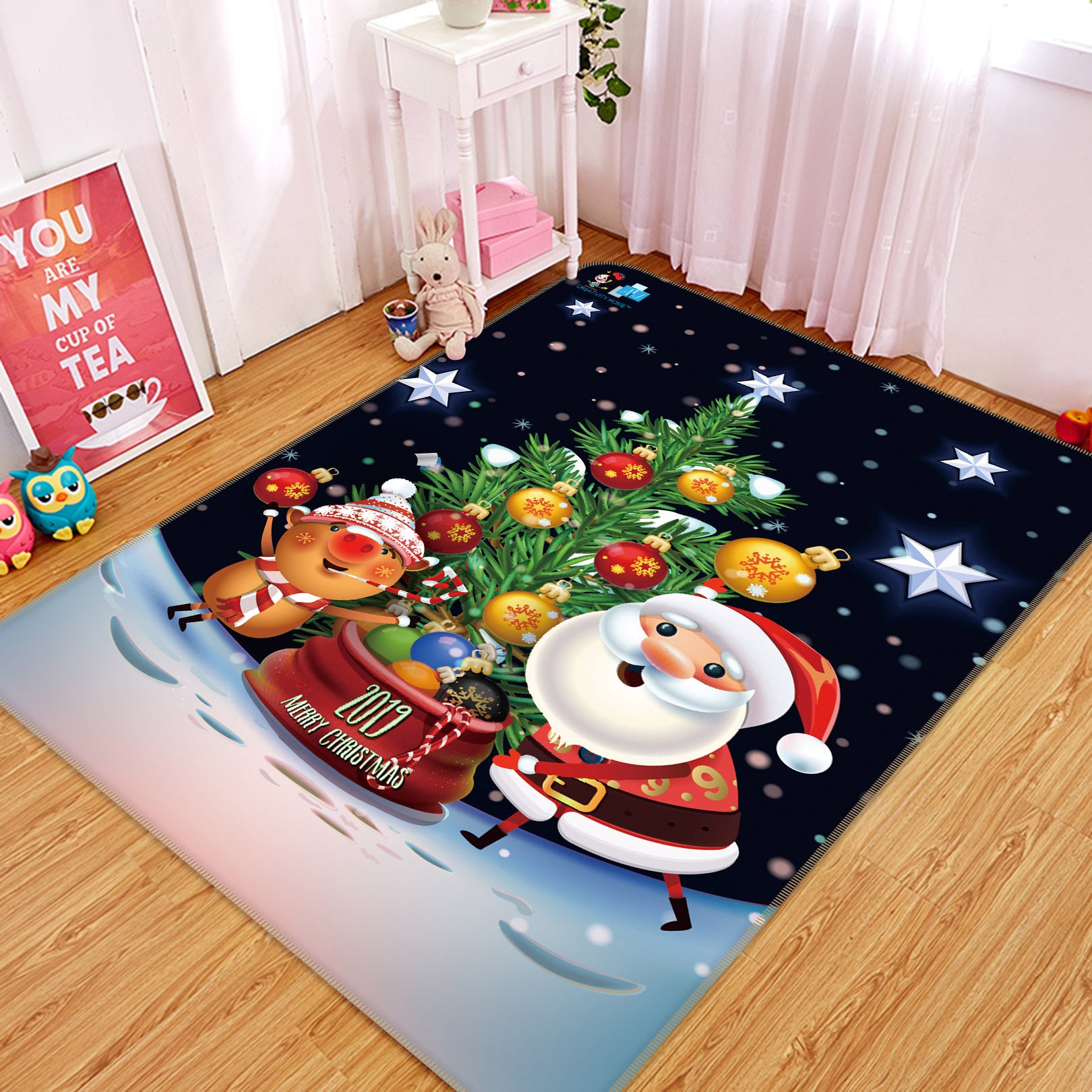 3D Deer Tree Santa 57039 Christmas Non Slip Rug Mat Xmas