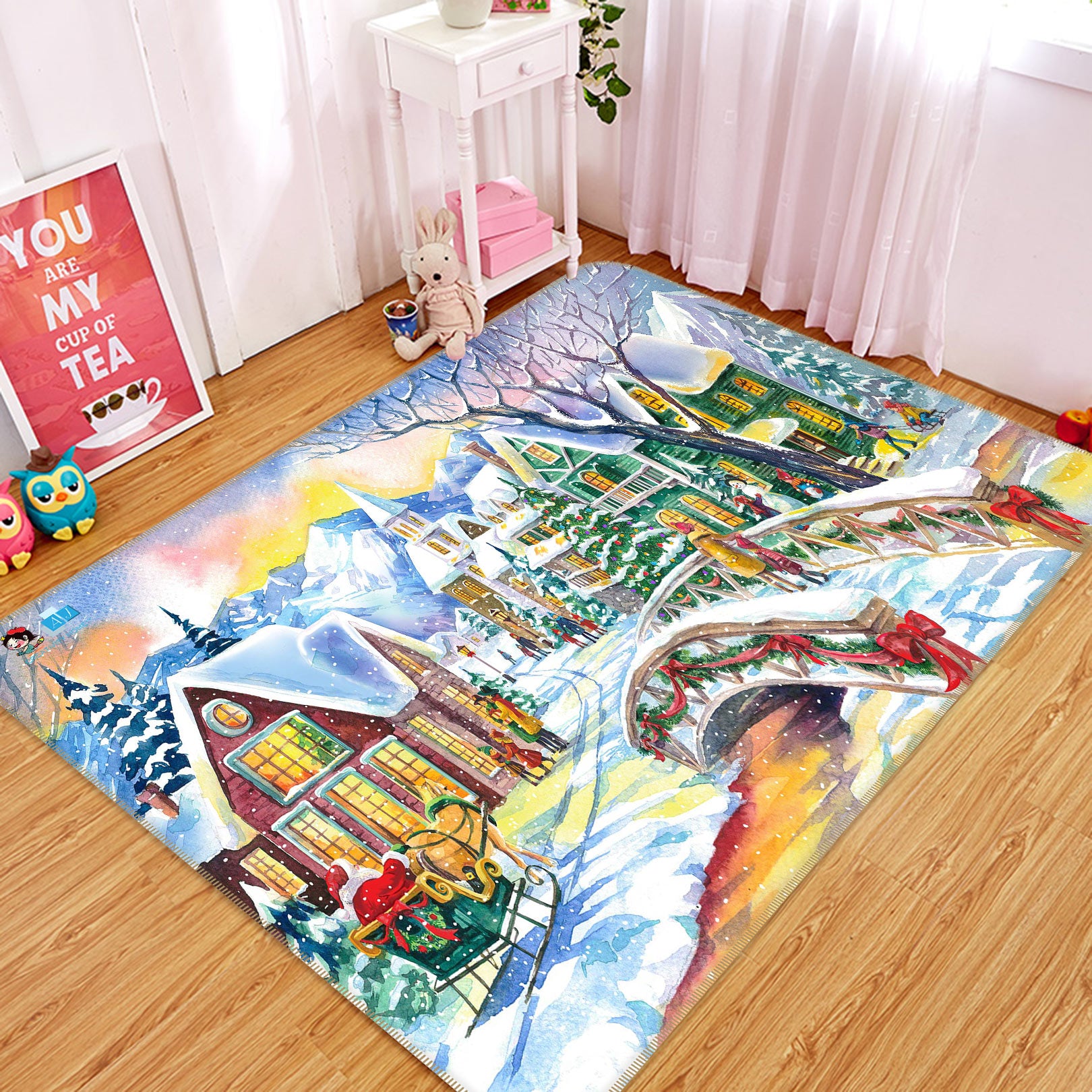 3D Snowy House Bridge 56157 Christmas Non Slip Rug Mat Xmas