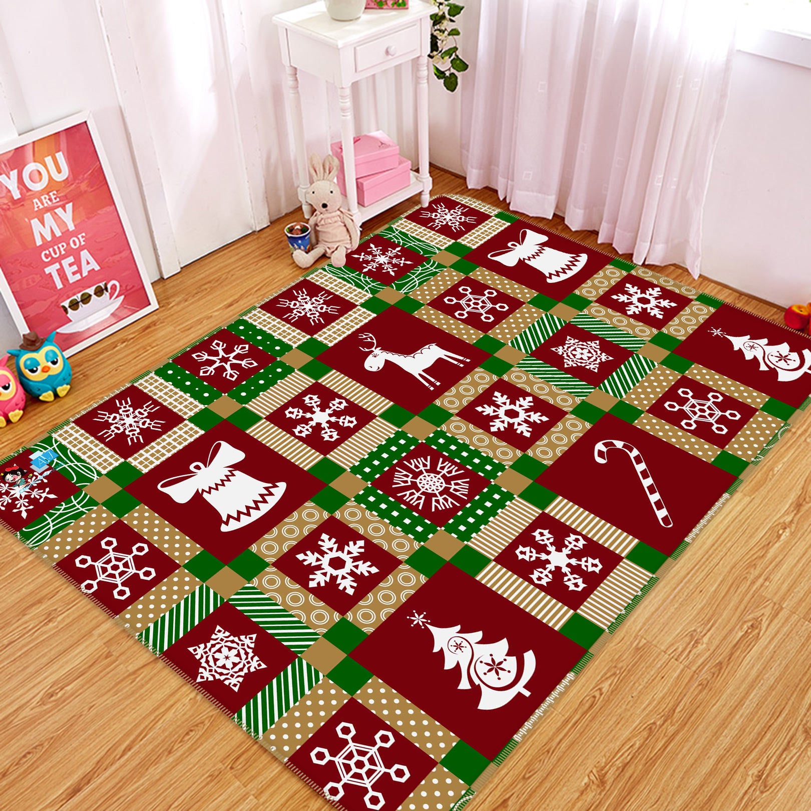 3D Snowflake Tree Red Square 56167 Christmas Non Slip Rug Mat Xmas