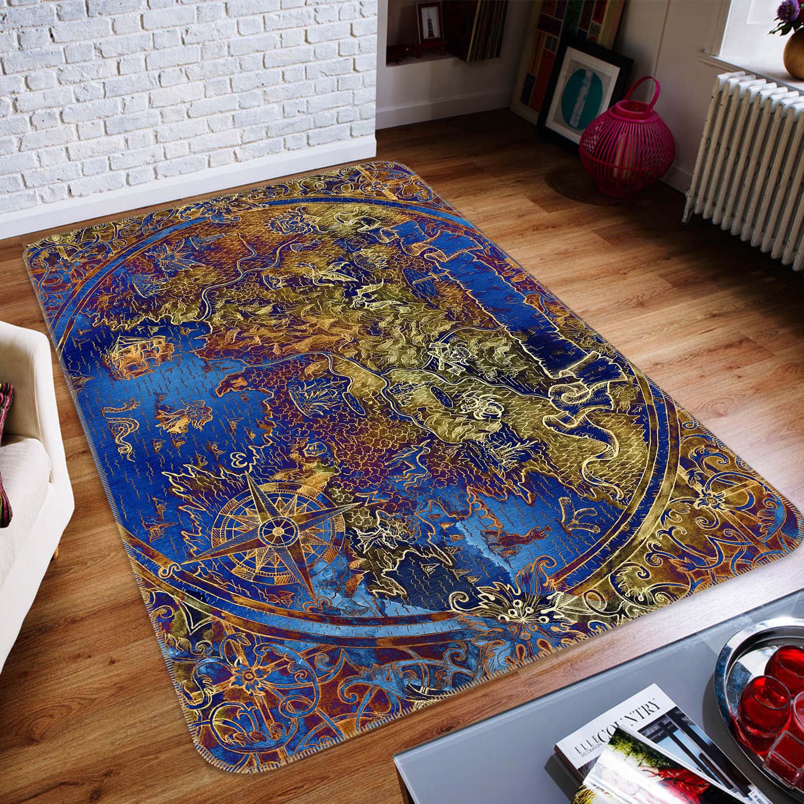 3D Golden Pattern 311 World Map Non Slip Rug Mat