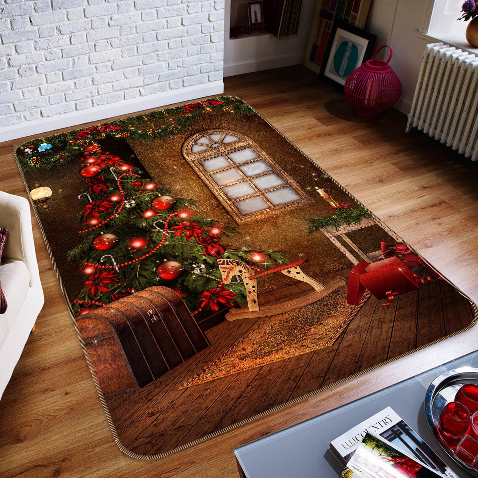 3D Tree Window Trojan Horse 57018 Christmas Non Slip Rug Mat Xmas