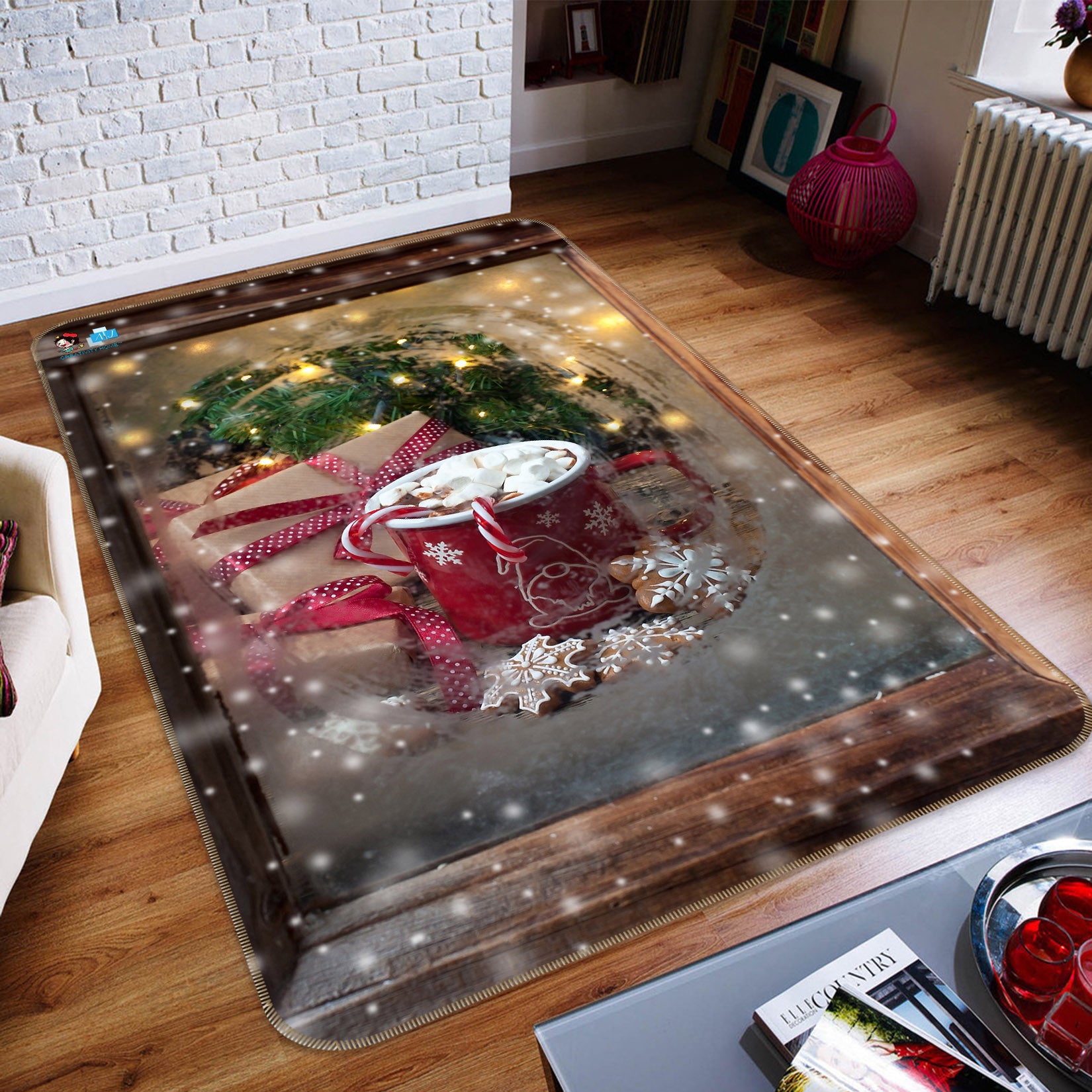 3D Snowflake Red Cup 57047 Christmas Non Slip Rug Mat Xmas