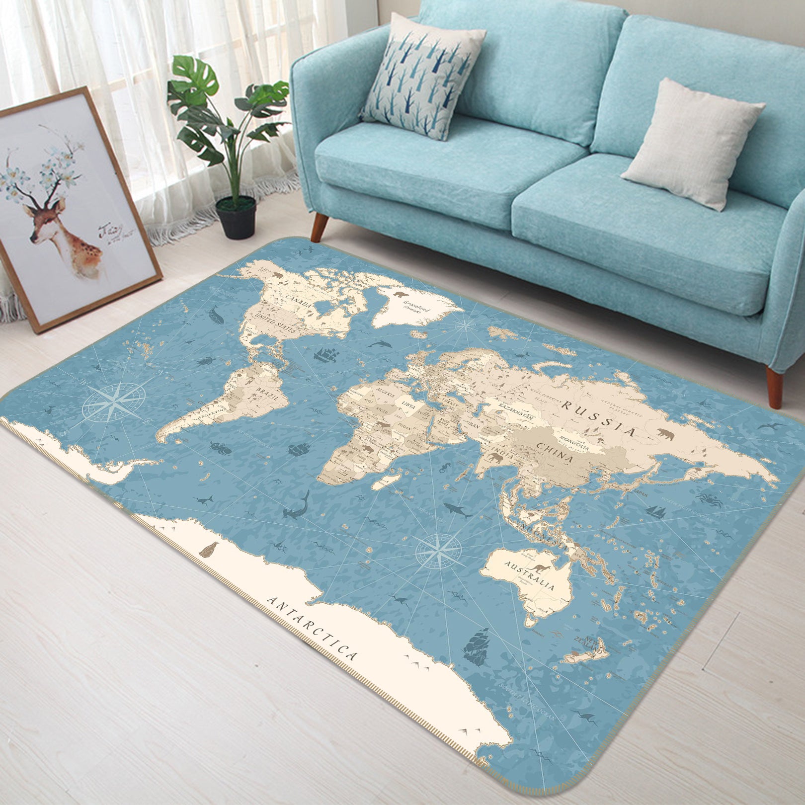 3D White Clouds 316 World Map Non Slip Rug Mat