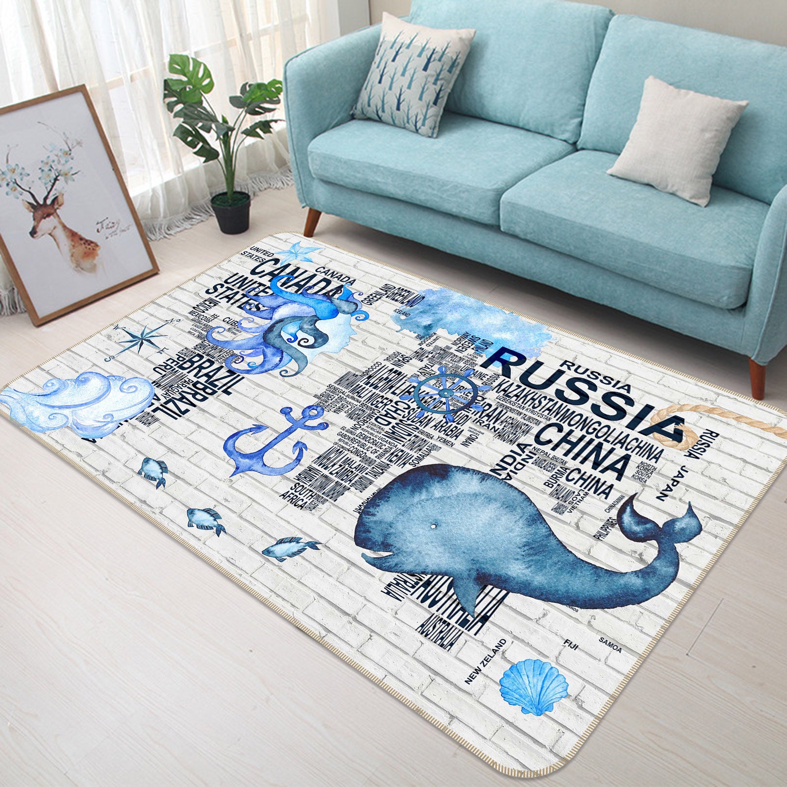 3D Blue Whale 206 World Map Non Slip Rug Mat
