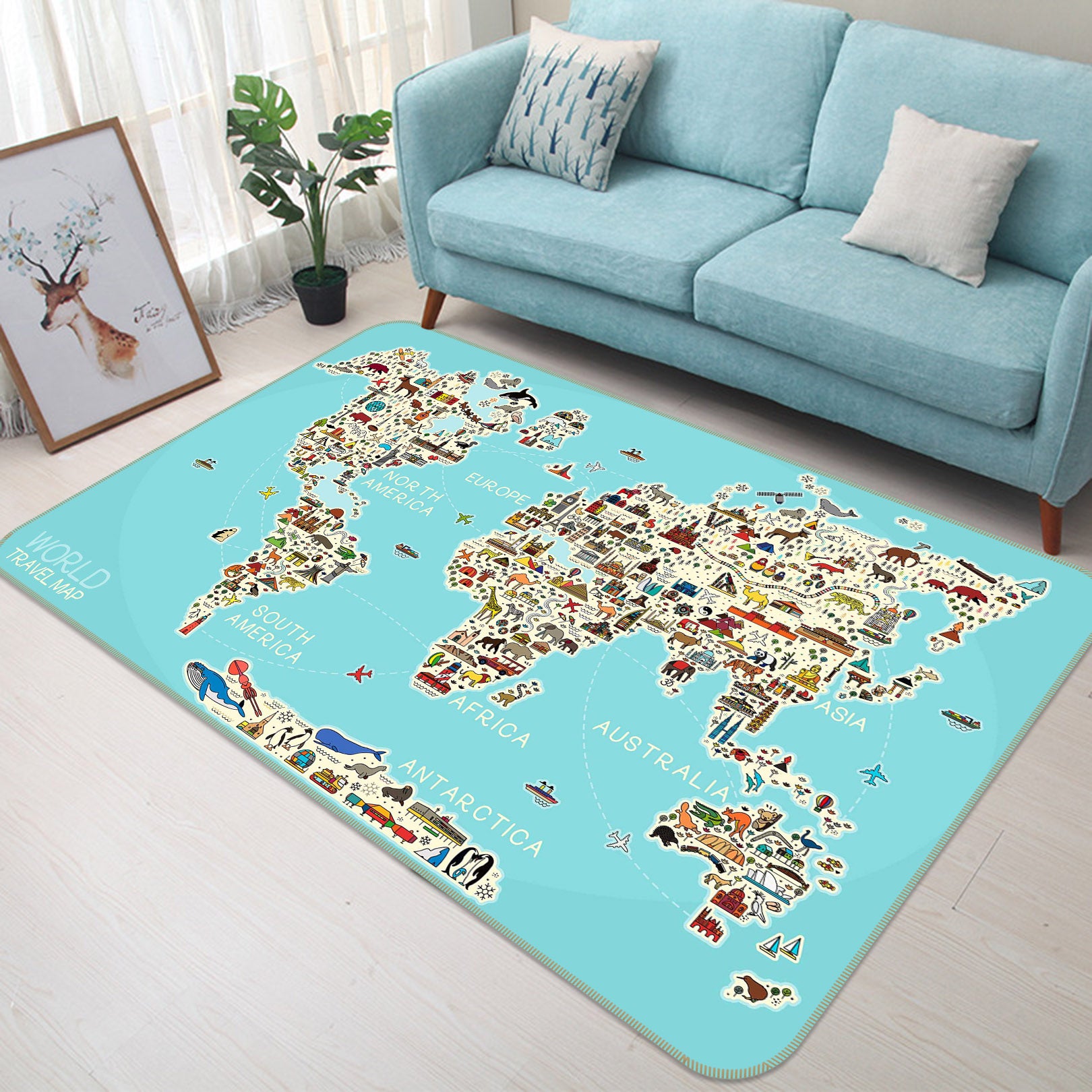 3D Animal Painting 313 World Map Non Slip Rug Mat