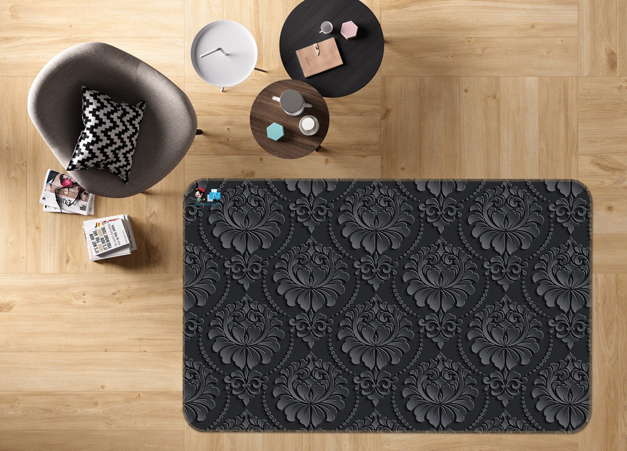 3D Black Flower Pattern 8 Non Slip Rug Mat Mat AJ Creativity Home