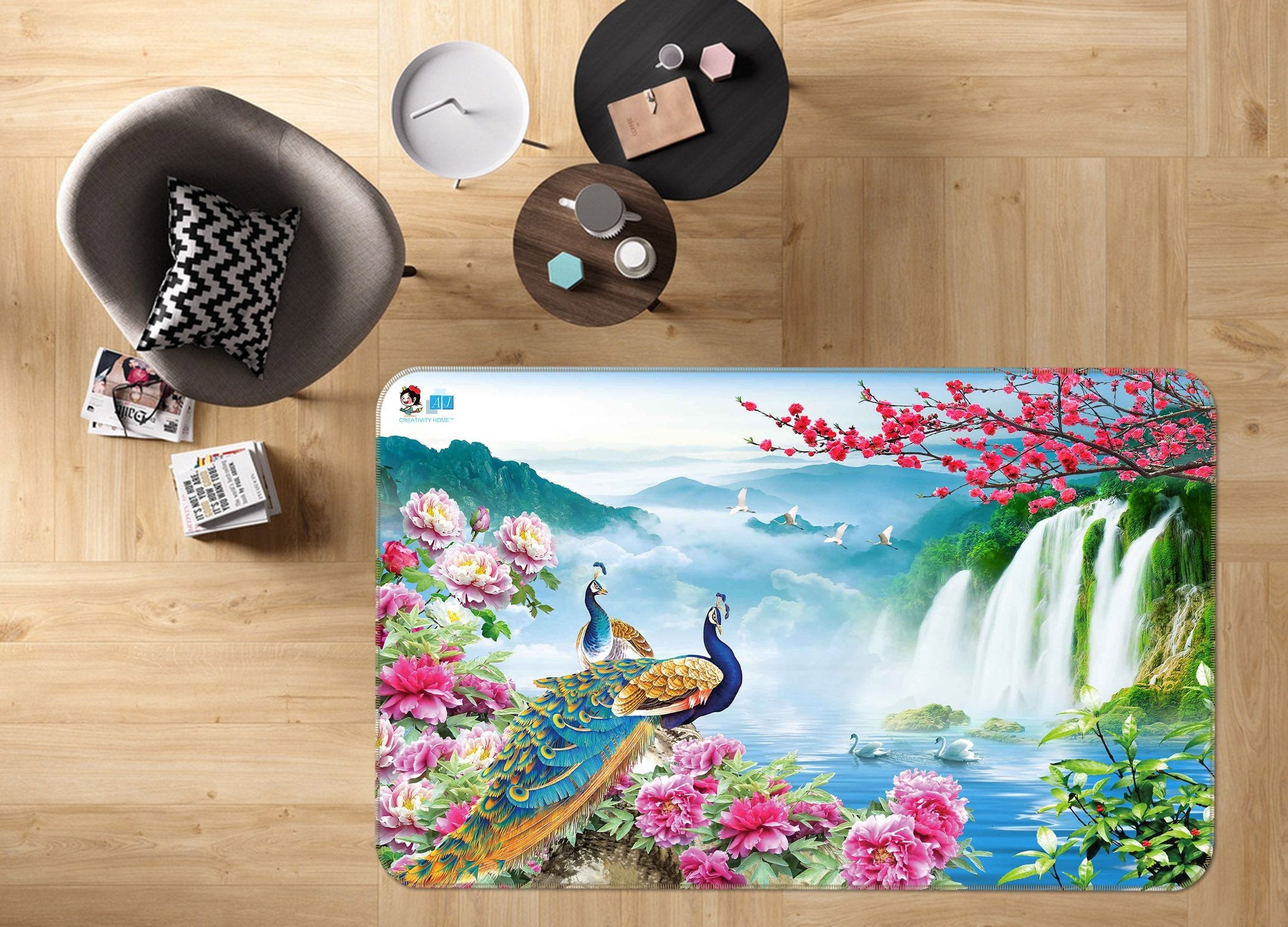 3D Peacock Waterfall 567 Non Slip Rug Mat Mat AJ Creativity Home