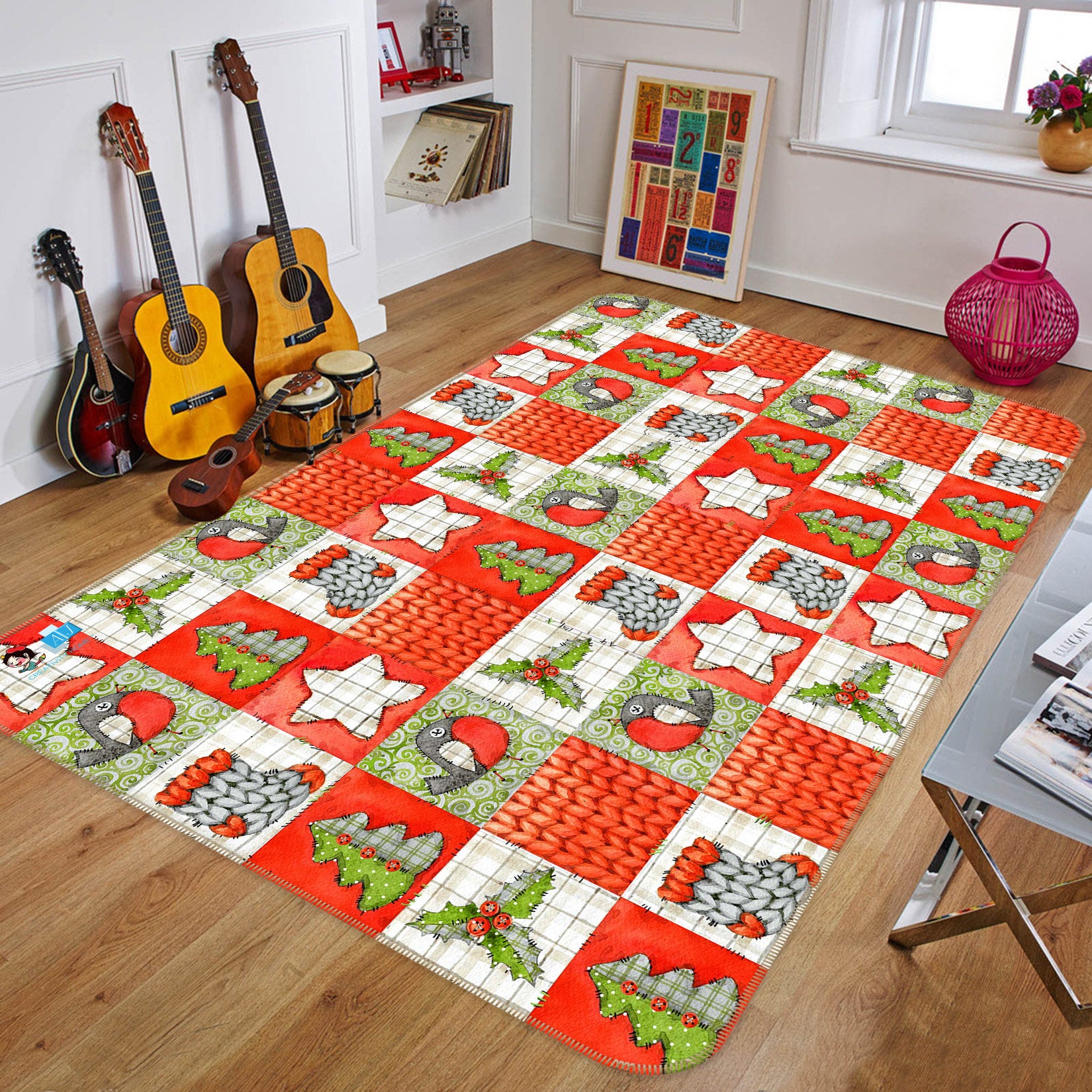 3D Tree Star Sock Checkered 56119 Christmas Non Slip Rug Mat Xmas