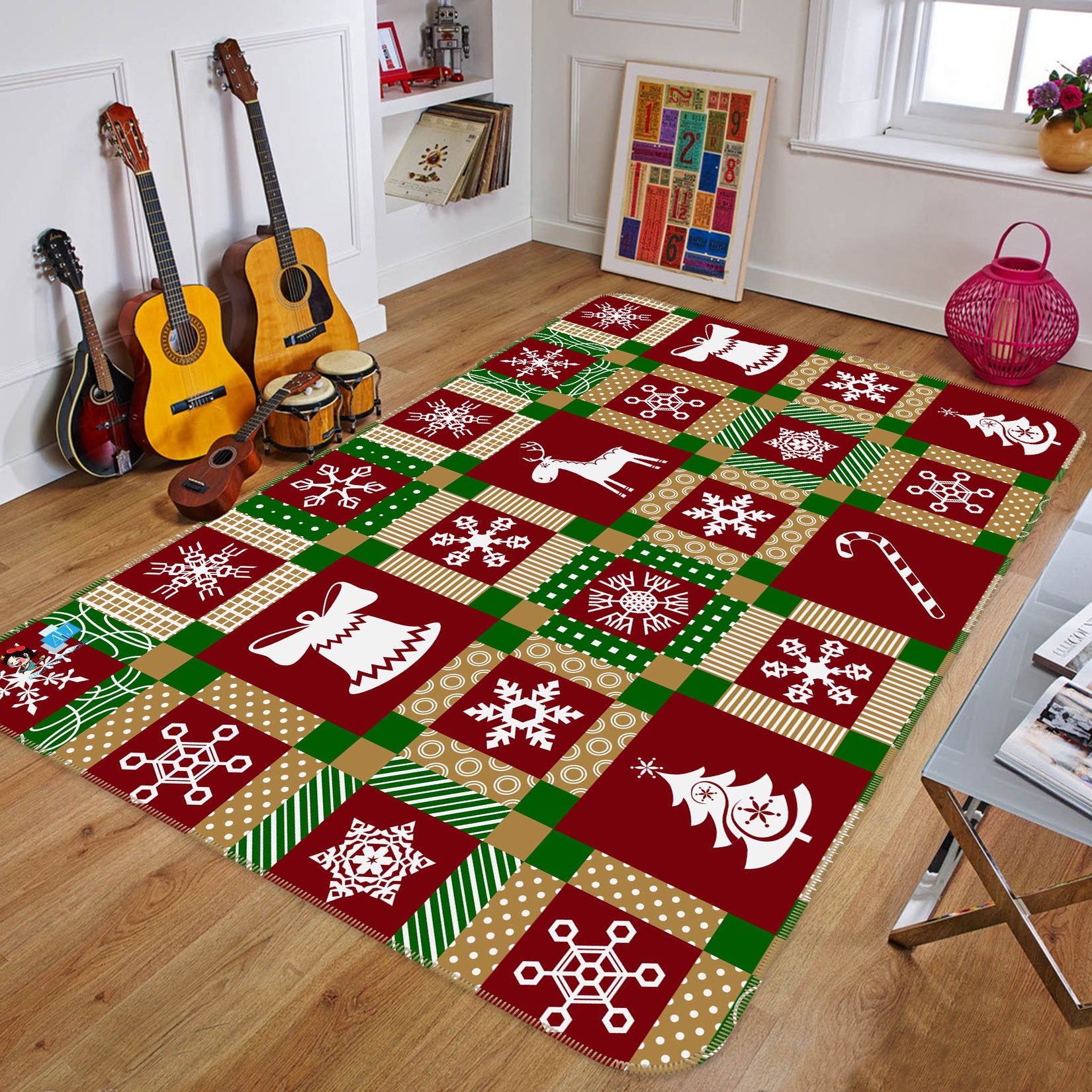 3D Snowflake Tree Red Square 56167 Christmas Non Slip Rug Mat Xmas