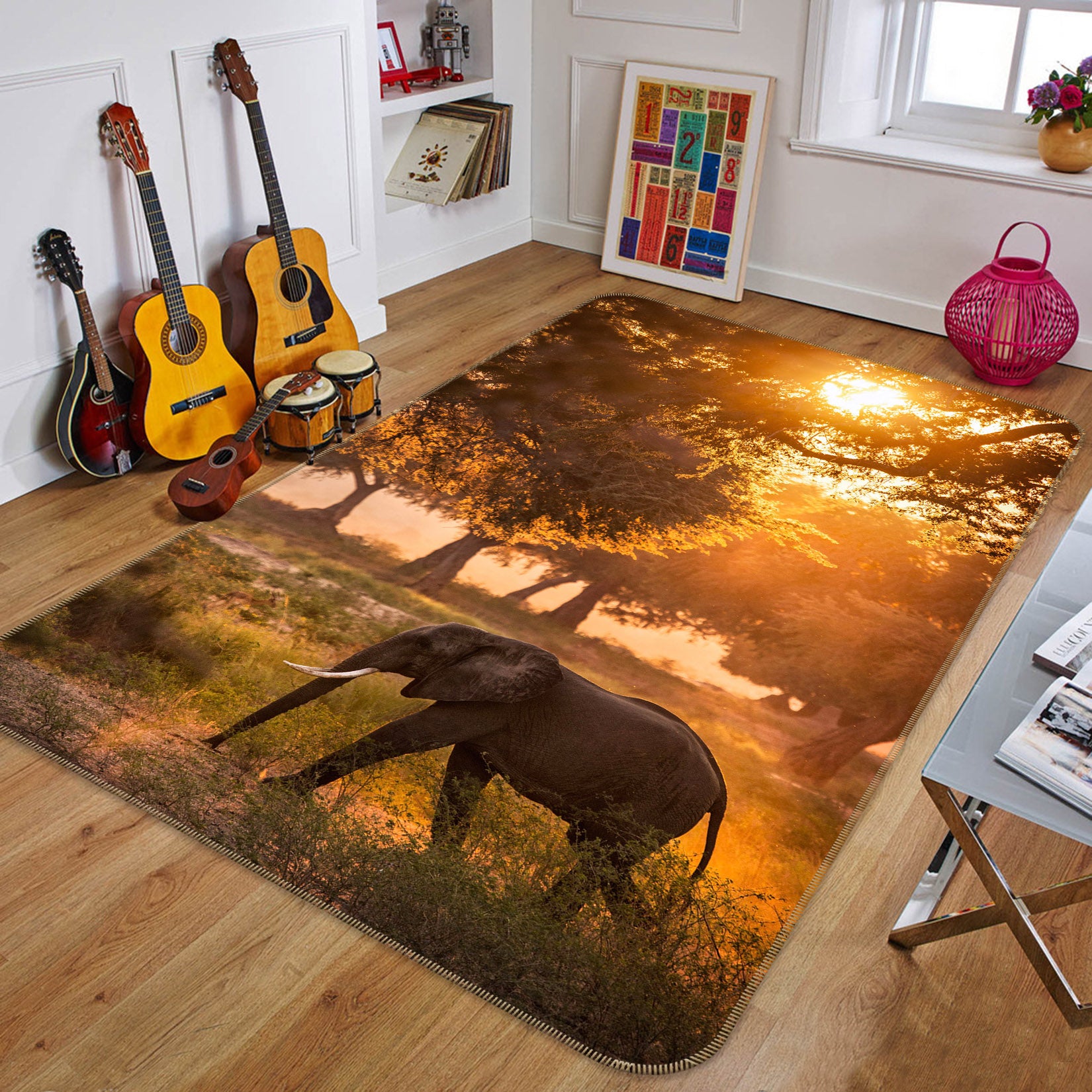 3D Sunset Tree Elephant 194 Animal Non Slip Rug Mat
