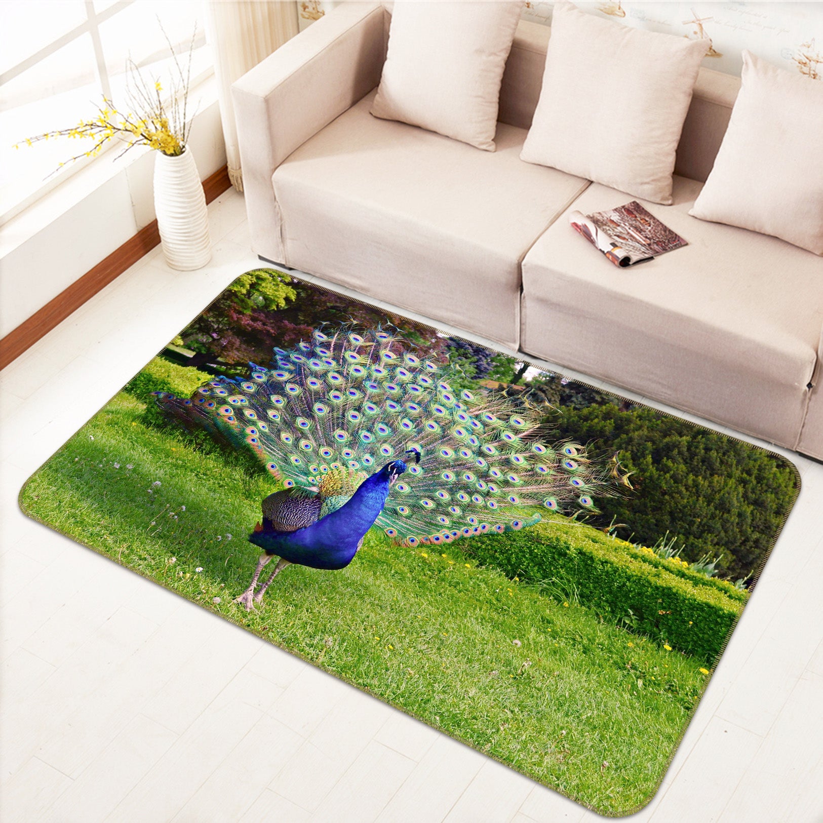 3D Peacock Lawn 120 Animal Non Slip Rug Mat