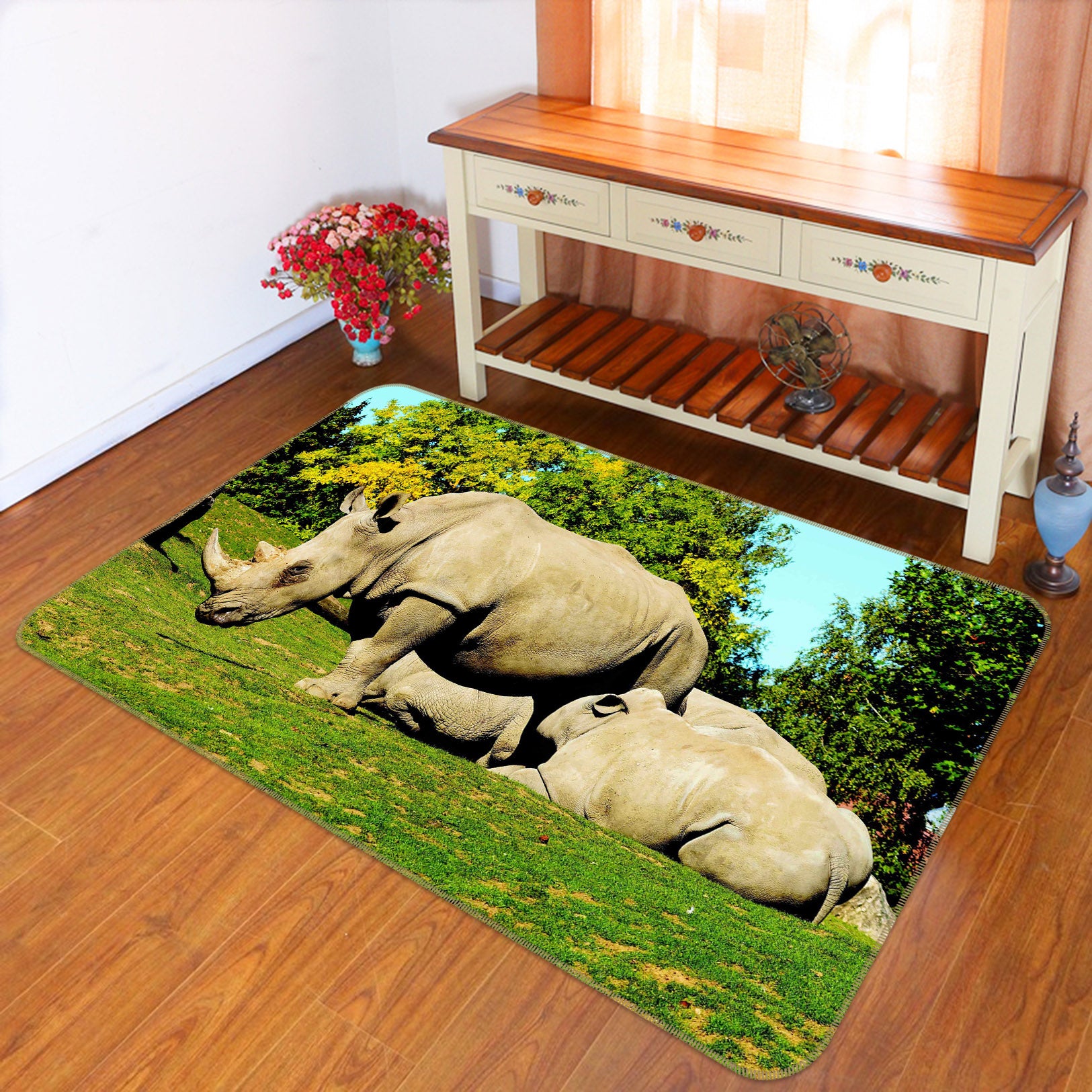 3D Rhino Lawn 074 Animal Non Slip Rug Mat