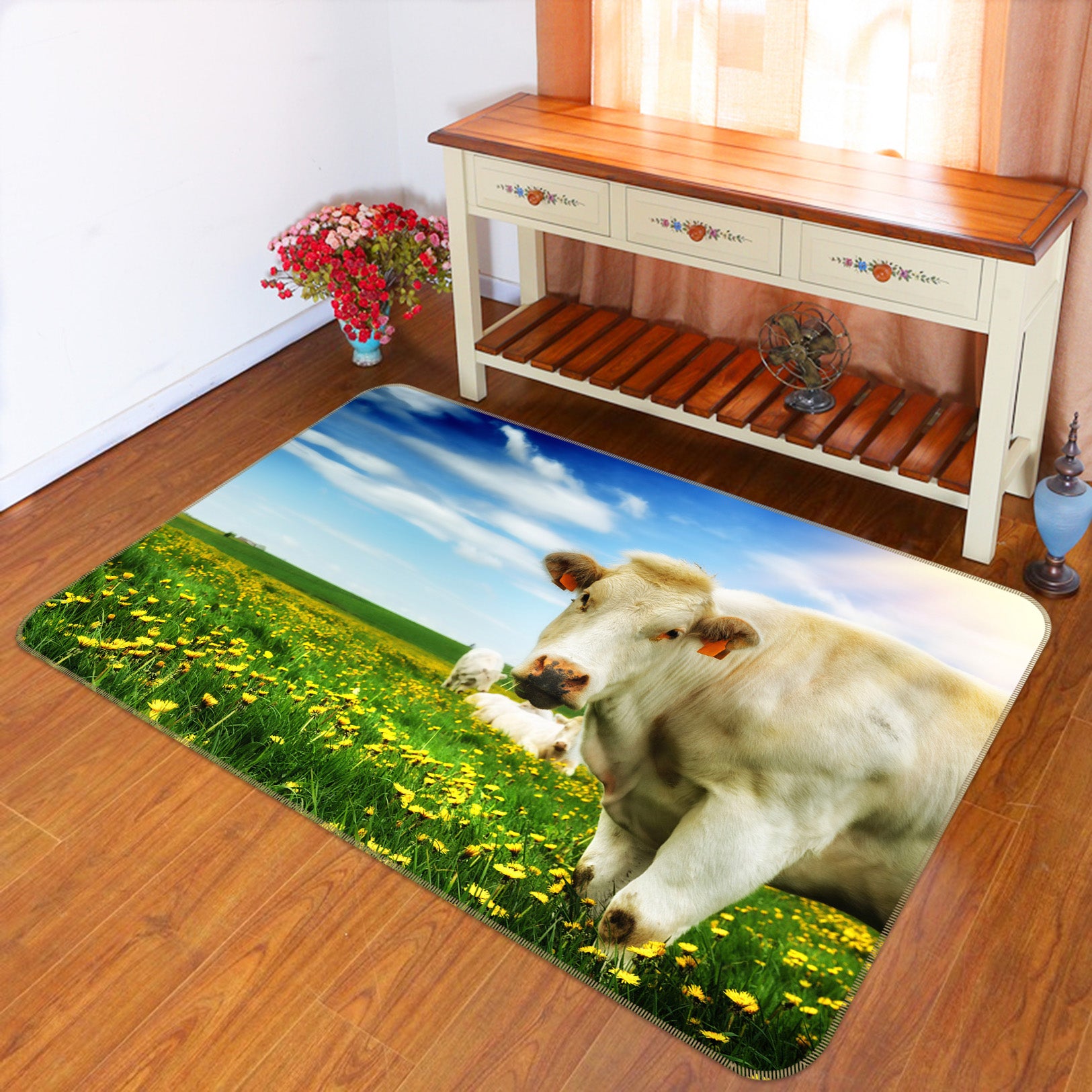 3D Cow Chrysanthemum 033 Animal Non Slip Rug Mat