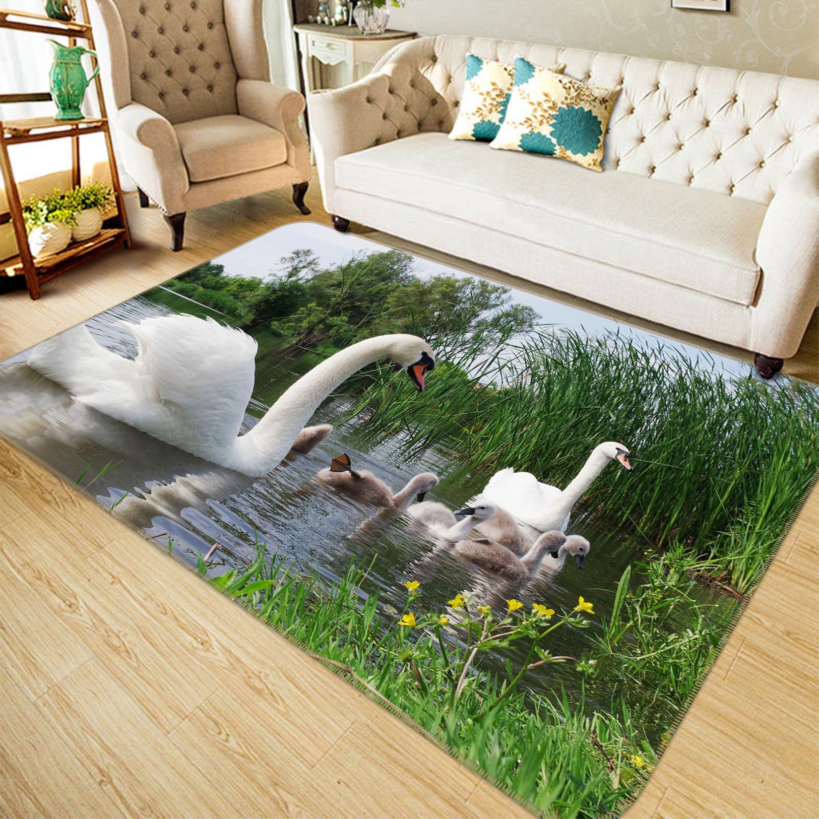 3D Swan Lake Tree 082 Animal Non Slip Rug Mat
