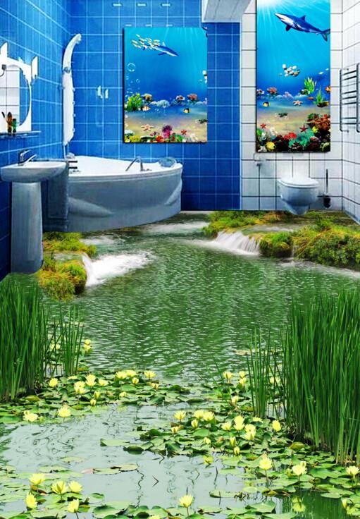 3D Yellow Water Lily Floor Mural Wallpaper AJ Wallpaper 2