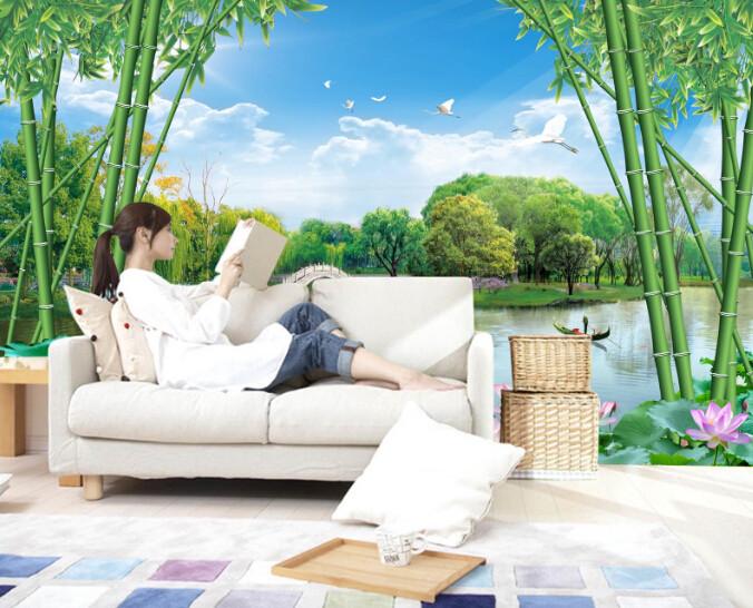 3D Bamboo River Lotus Wallpaper AJ Wallpaper 1