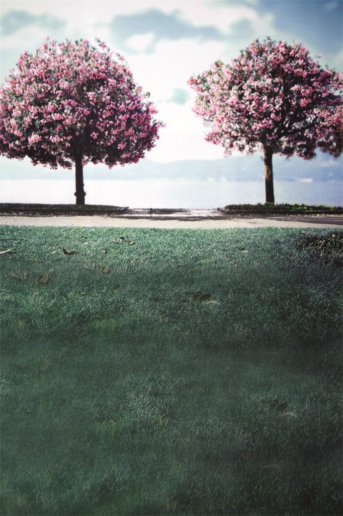 3D two flowering trees grassland door mural Wallpaper AJ Wallpaper