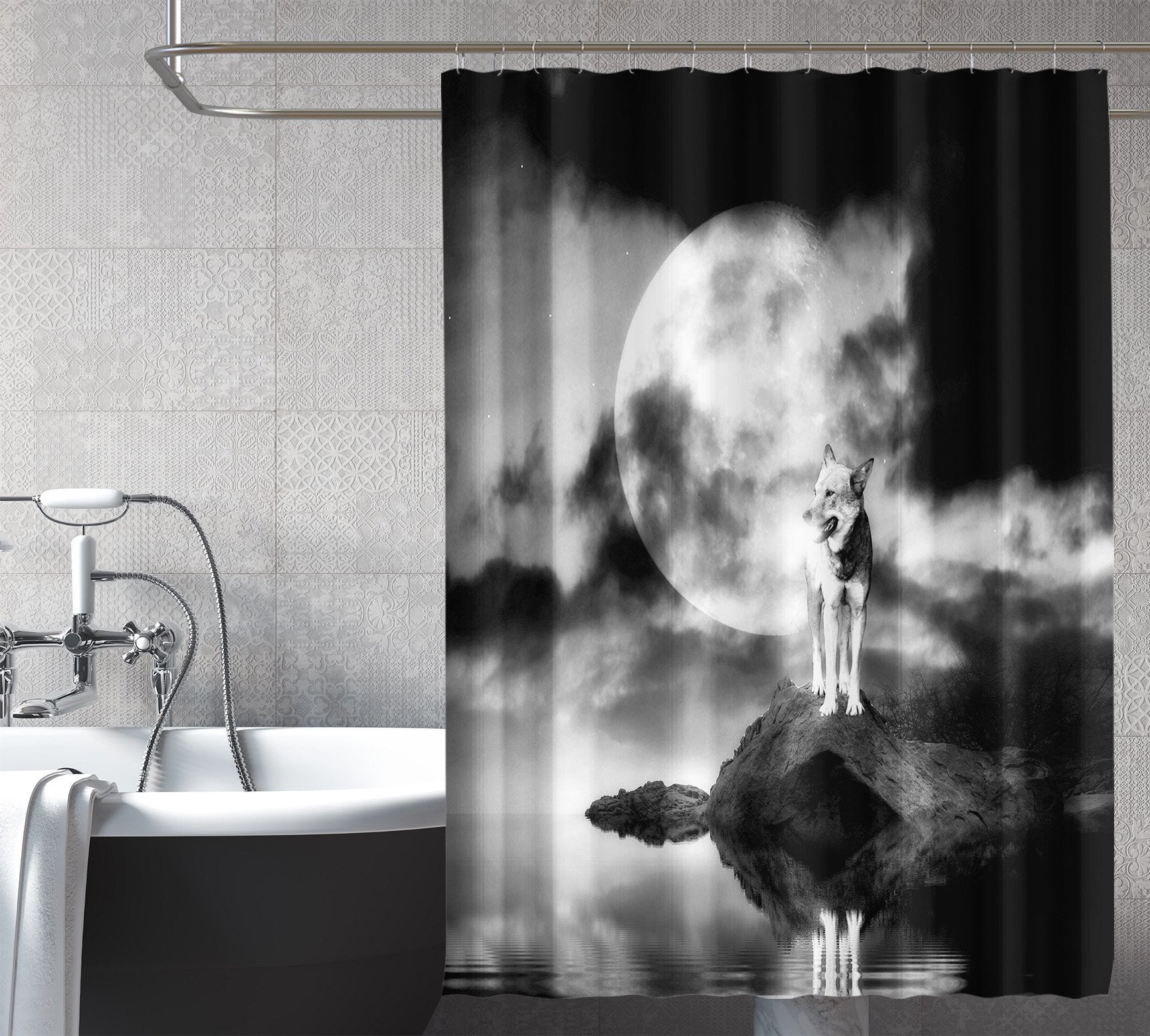 3D Moon Wolf 054 Shower Curtain 3D Shower Curtain AJ Creativity Home