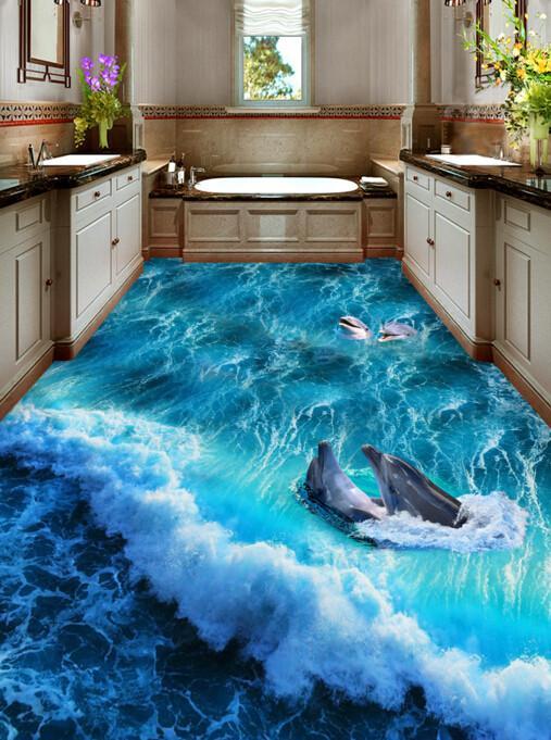 3D Wave And Dolphins Floor Mural Wallpaper AJ Wallpaper 2