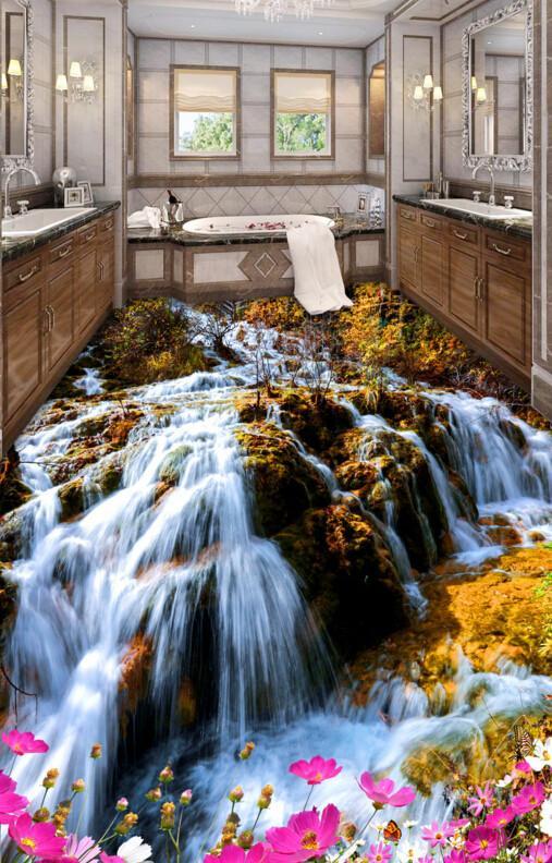 3D Waterfall And Flowers Floor Mural Wallpaper AJ Wallpaper 2