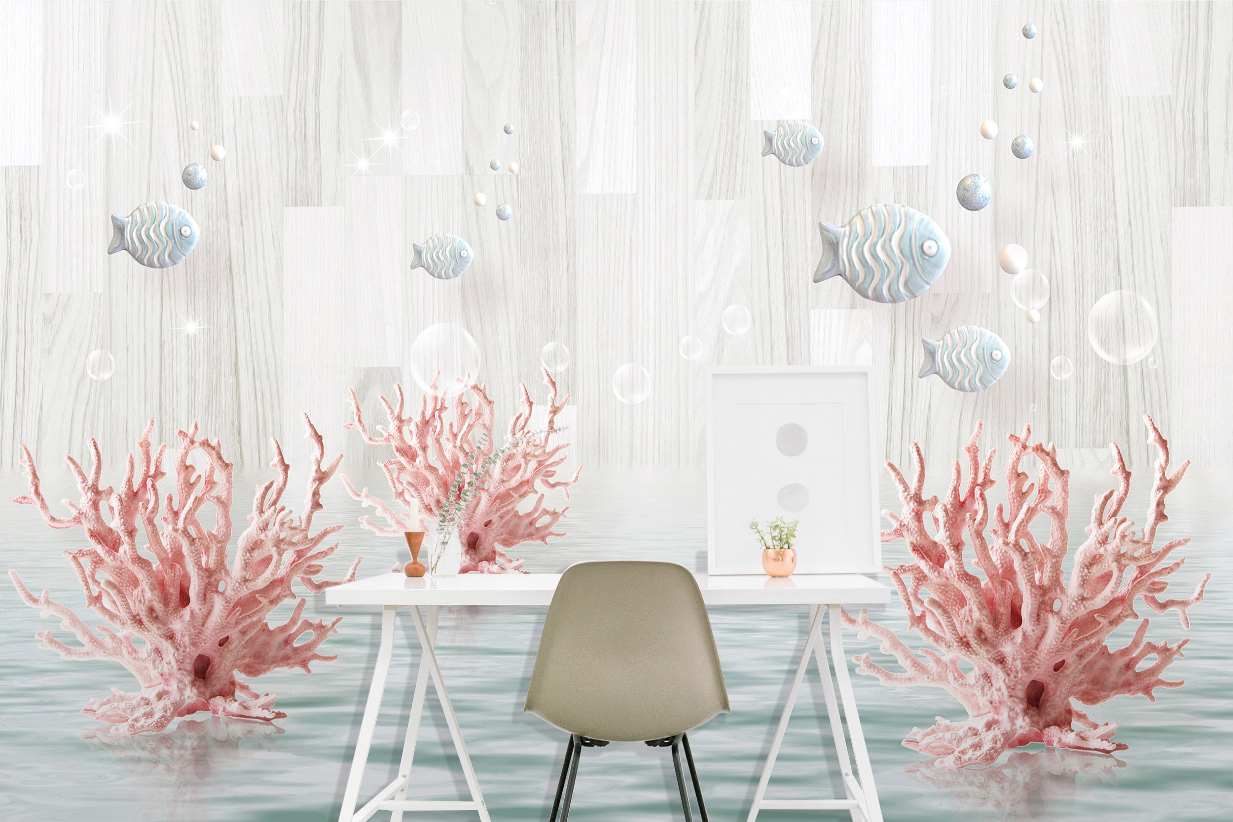 3D Pink Coral Fish 1037 Wall Murals