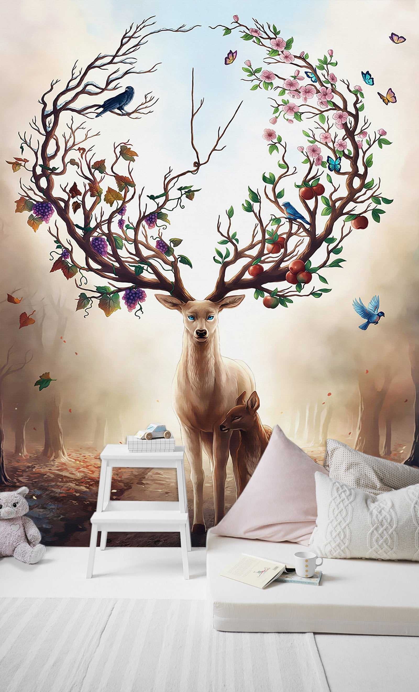 3D Antler Fruit Butterfly 705 Wallpaper AJ Wallpaper