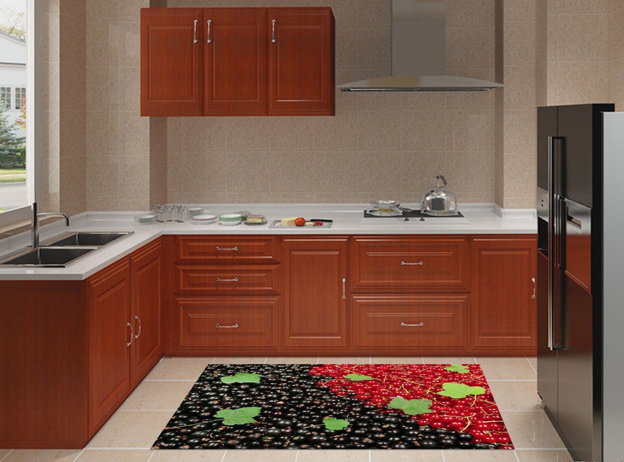 3D Cherry And Leaves Kitchen Mat Floor Mural Wallpaper AJ Wallpaper