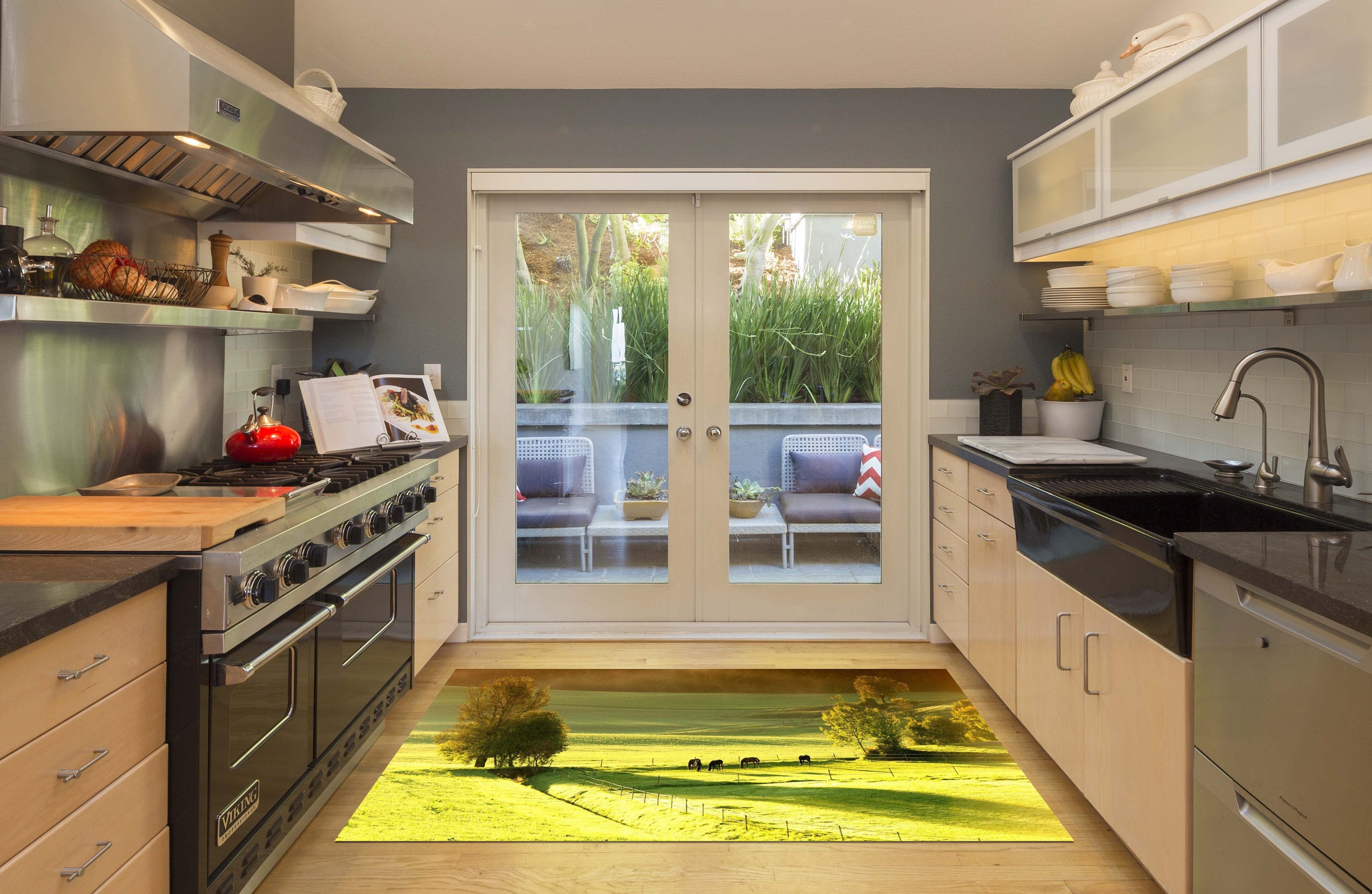 3D Green Ranch Horses 511 Kitchen Mat Floor Mural Wallpaper AJ Wallpaper