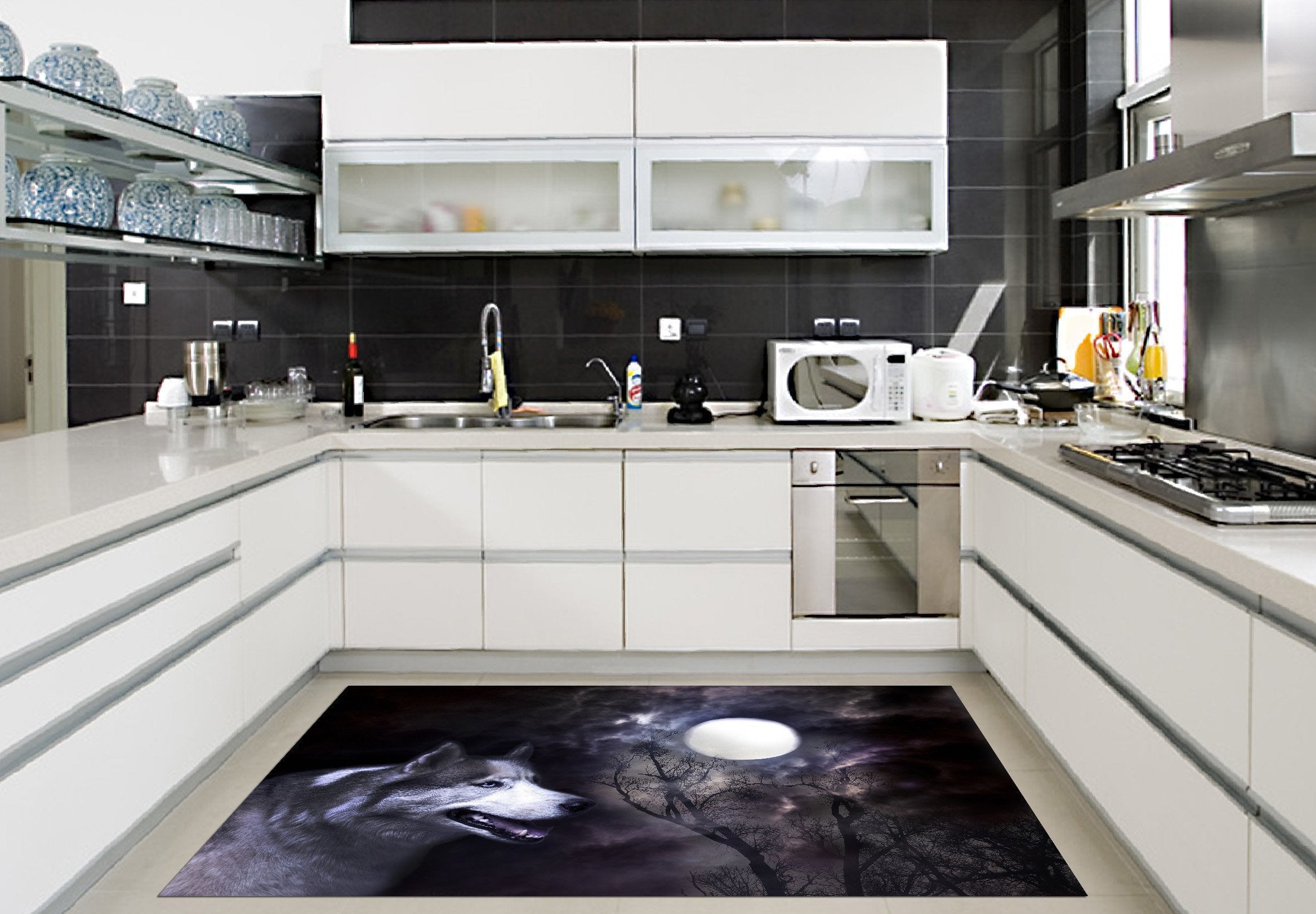 3D Bright Moon Wolf 649 Kitchen Mat Floor Mural Wallpaper AJ Wallpaper