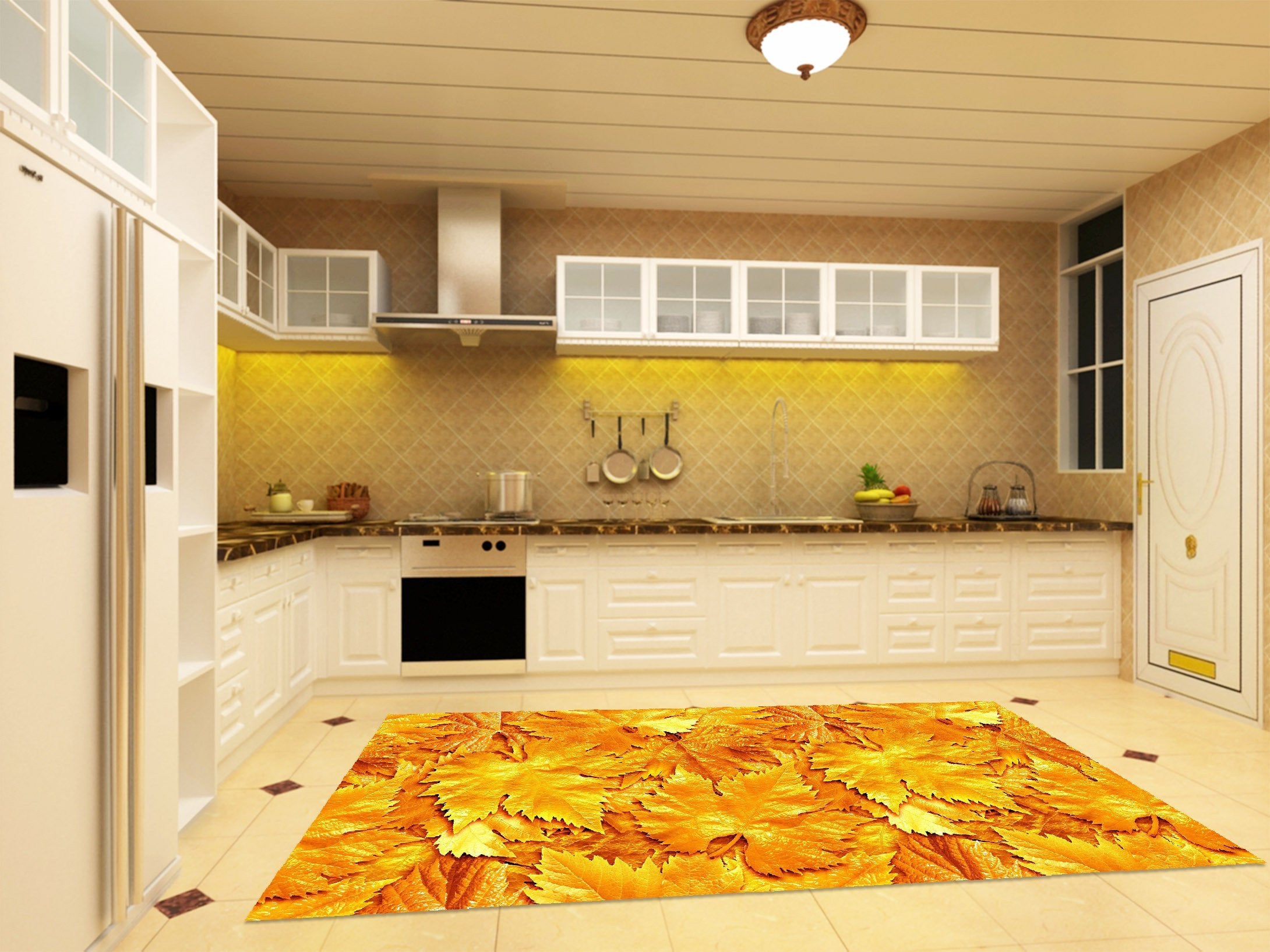3D Golden Leaves 12 Kitchen Mat Floor Mural Wallpaper AJ Wallpaper