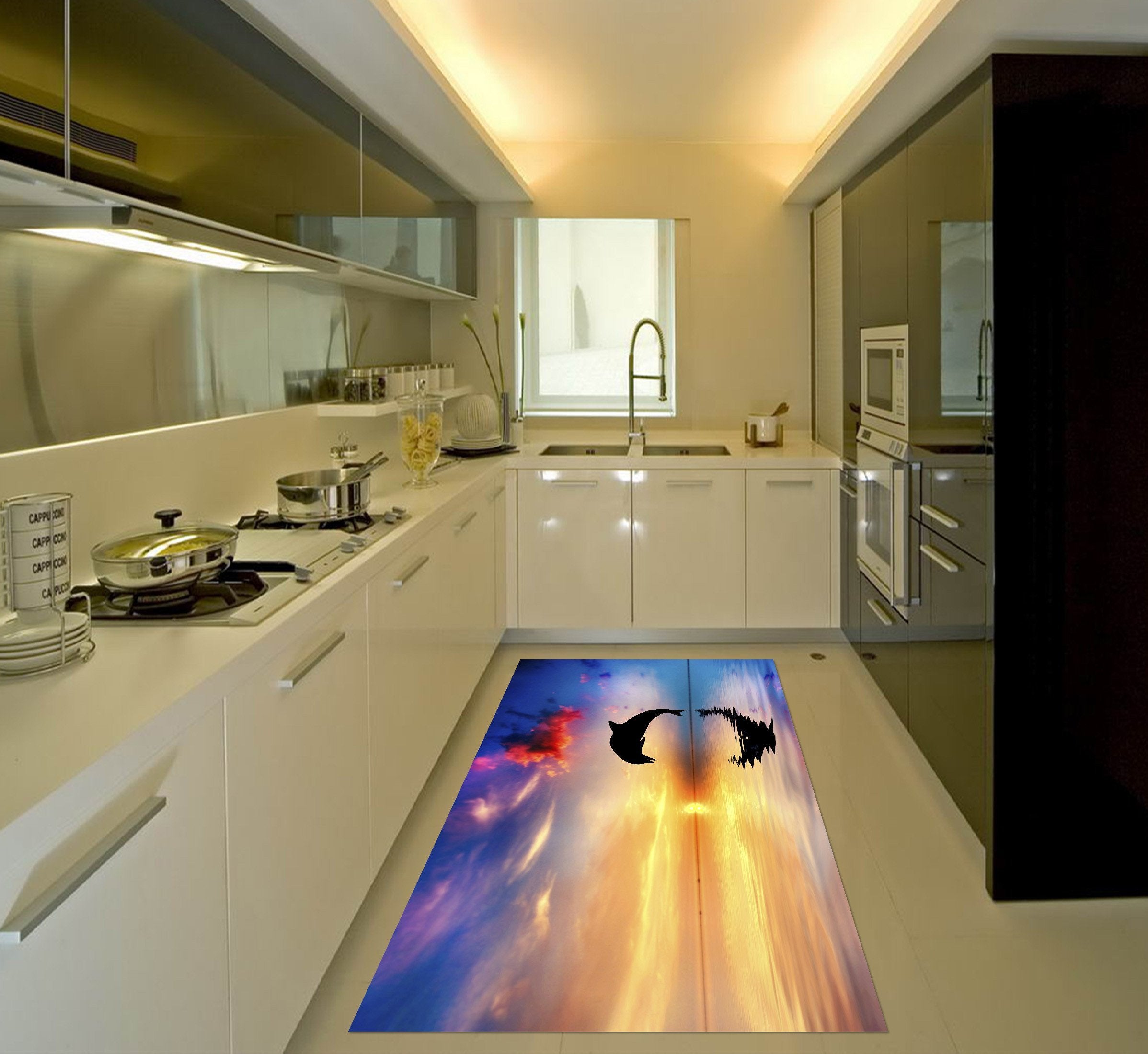 3D Sunset Sea Jumping Dolphin 132 Kitchen Mat Floor Mural Wallpaper AJ Wallpaper