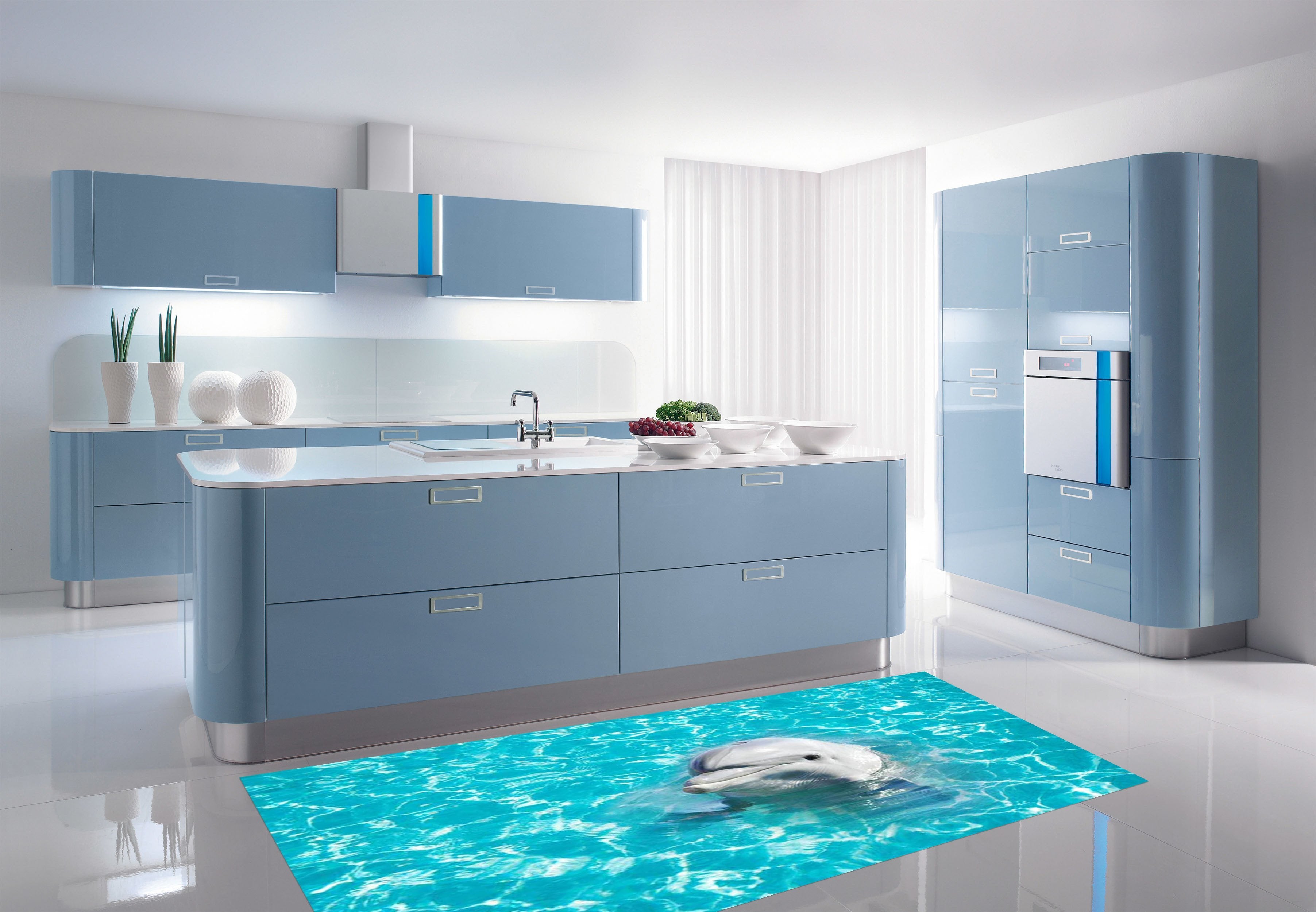 3D Blue Sea Dolphin 031 Kitchen Mat Floor Mural Wallpaper AJ Wallpaper
