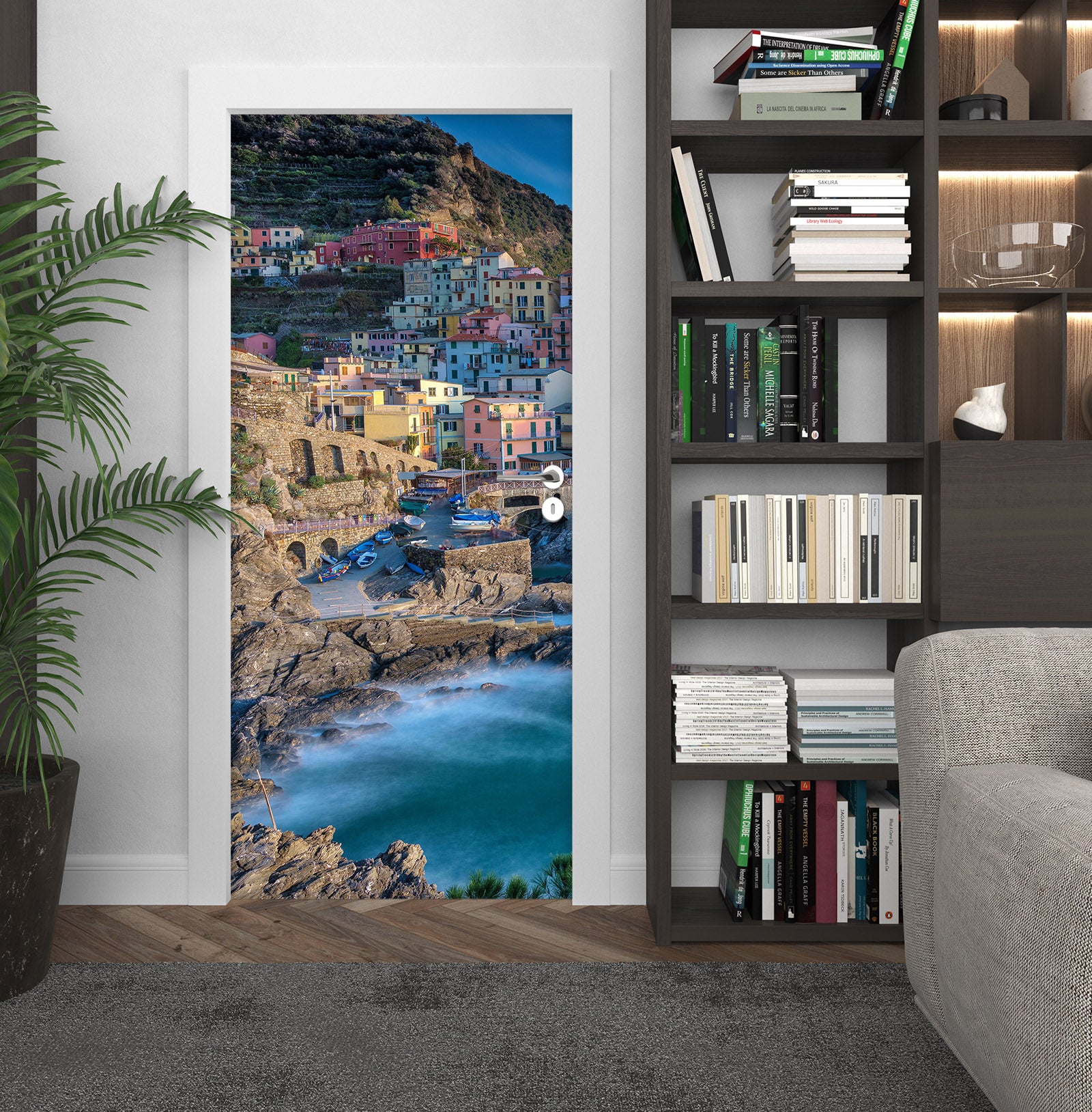 3D Mountains Colorful Houses Seaside 119188 Marco Carmassi Door Mural