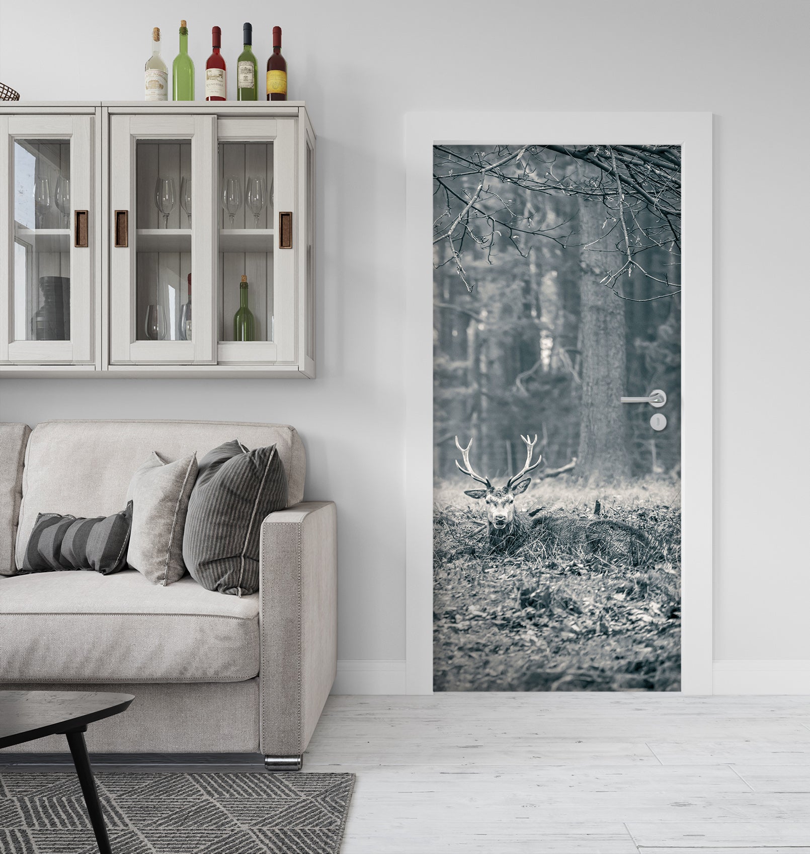 3D Grey Grassland Tree Deer 106192 Assaf Frank Door Mural