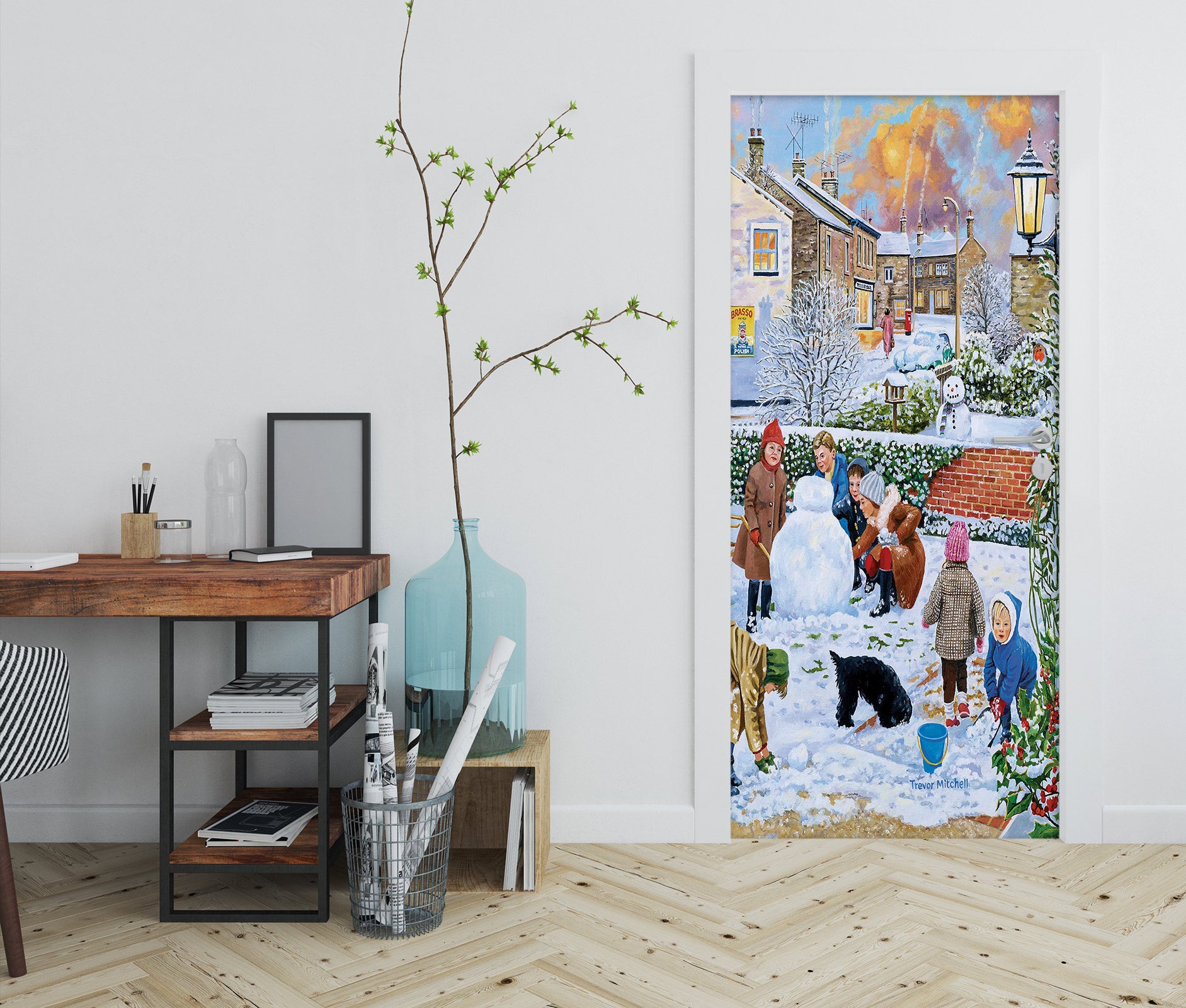 3D Snowman Kids Playing 103199 Trevor Mitchell Door Mural
