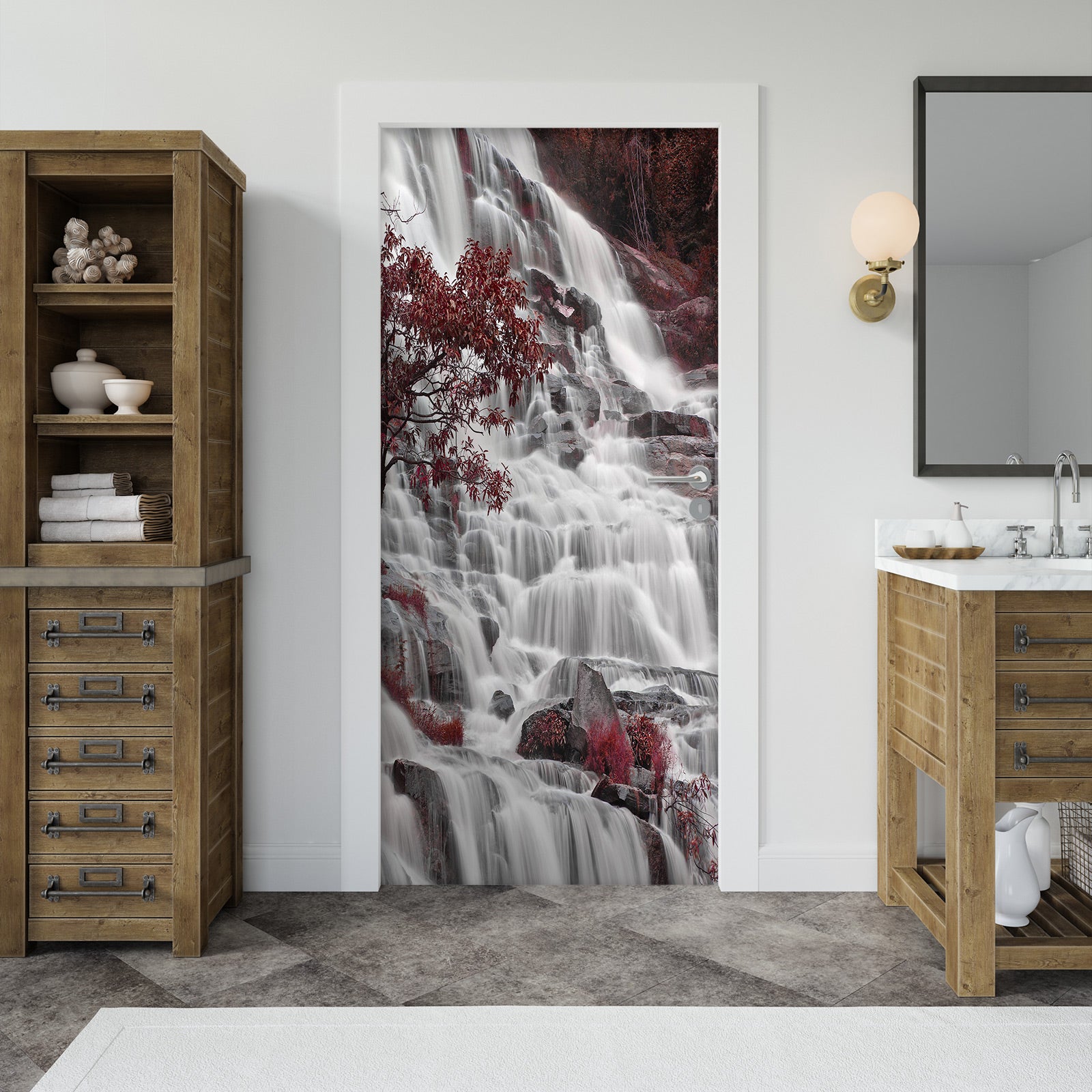 3D Waterfall Red Tree 007 Door Mural