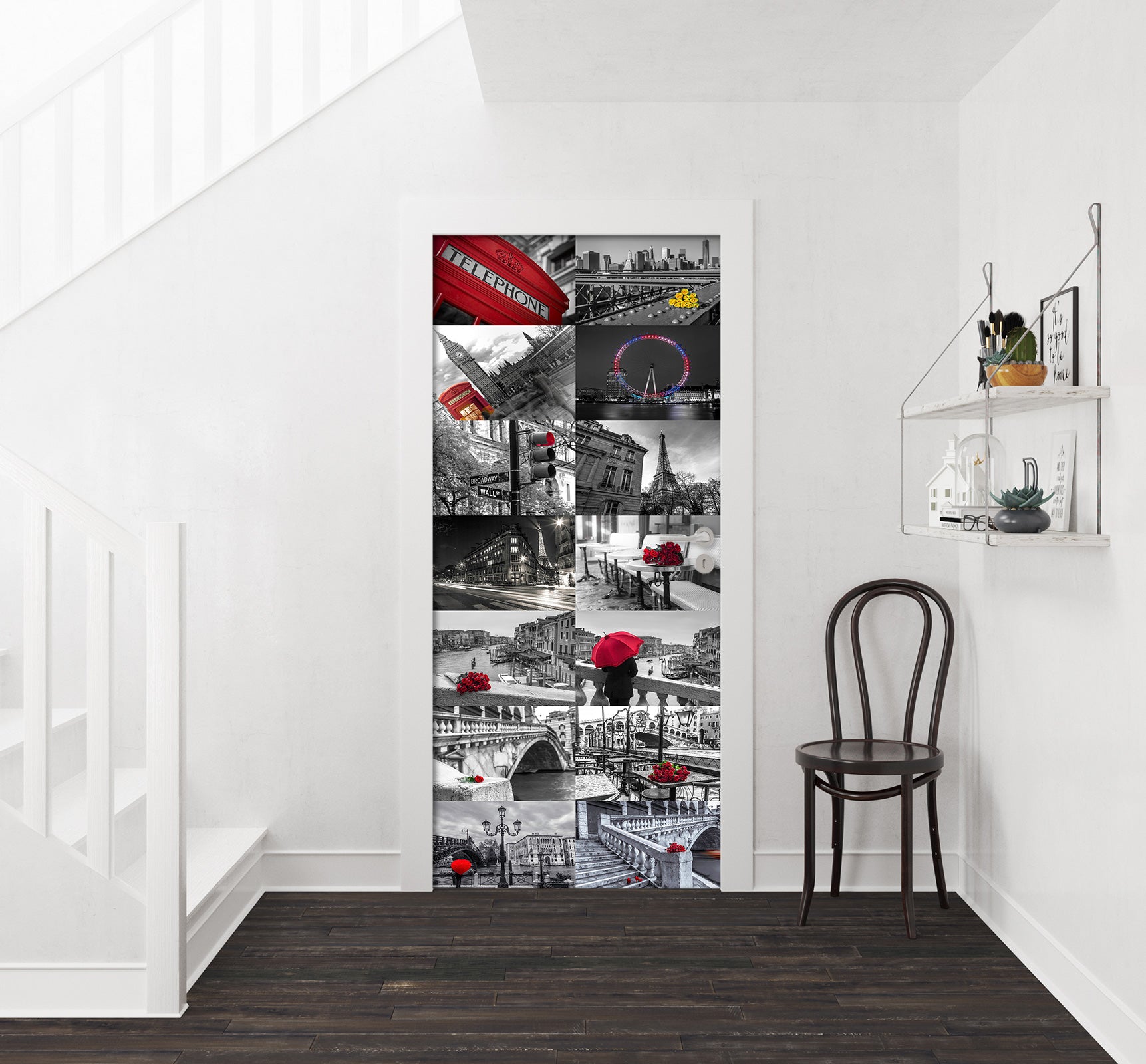 3D Mosaic Red Umbrella Phone Booth 106211 Assaf Frank Door Mural