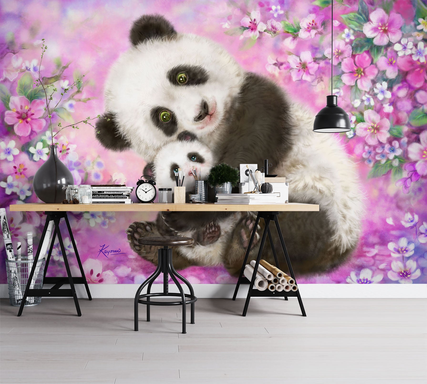 3D Pink Flower Panda 5424 Kayomi Harai Wall Mural Wall Murals