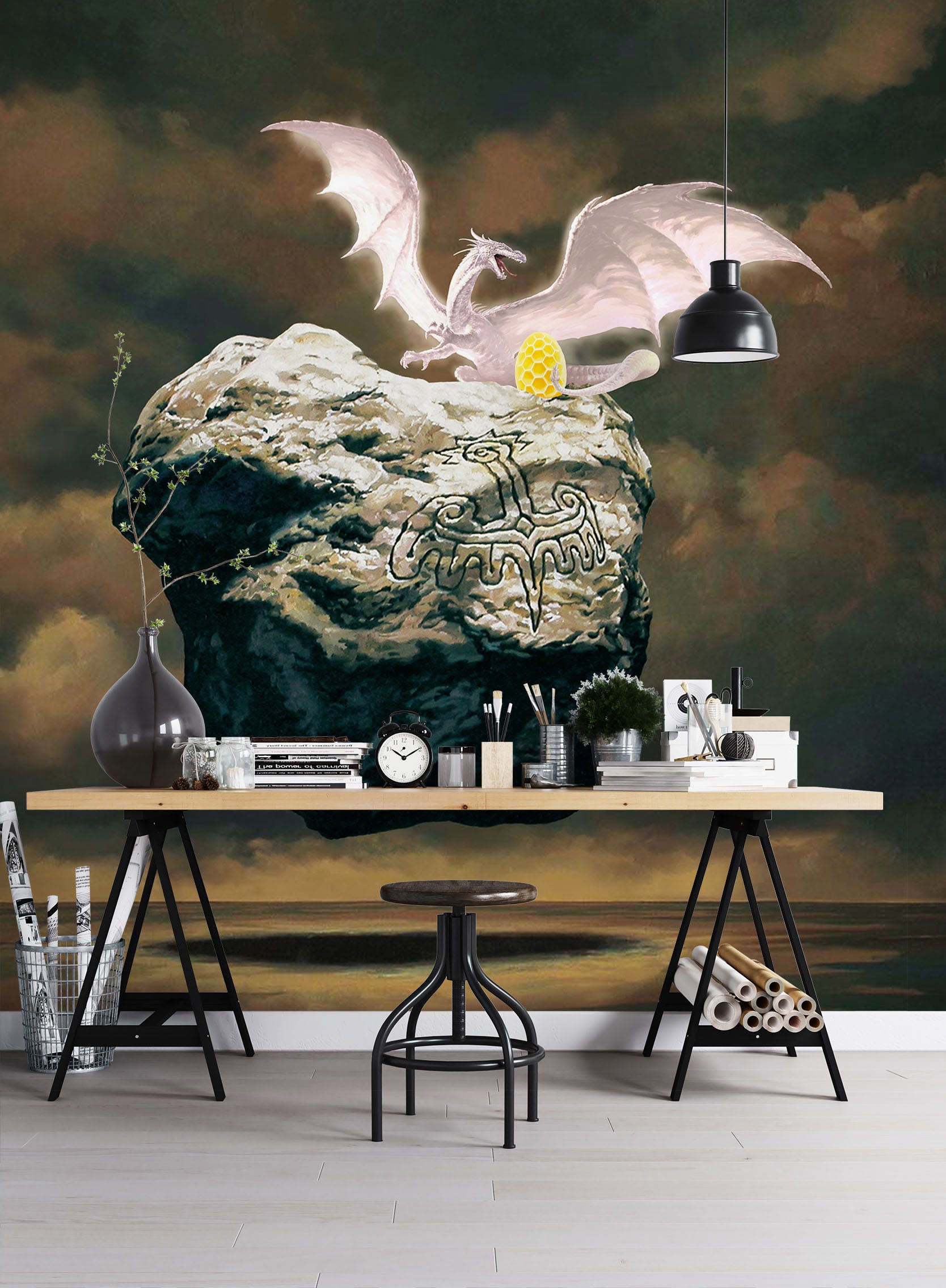 3D Stone White Dragon Golden Egg 7121 Ciruelo Wall Mural Wall Murals