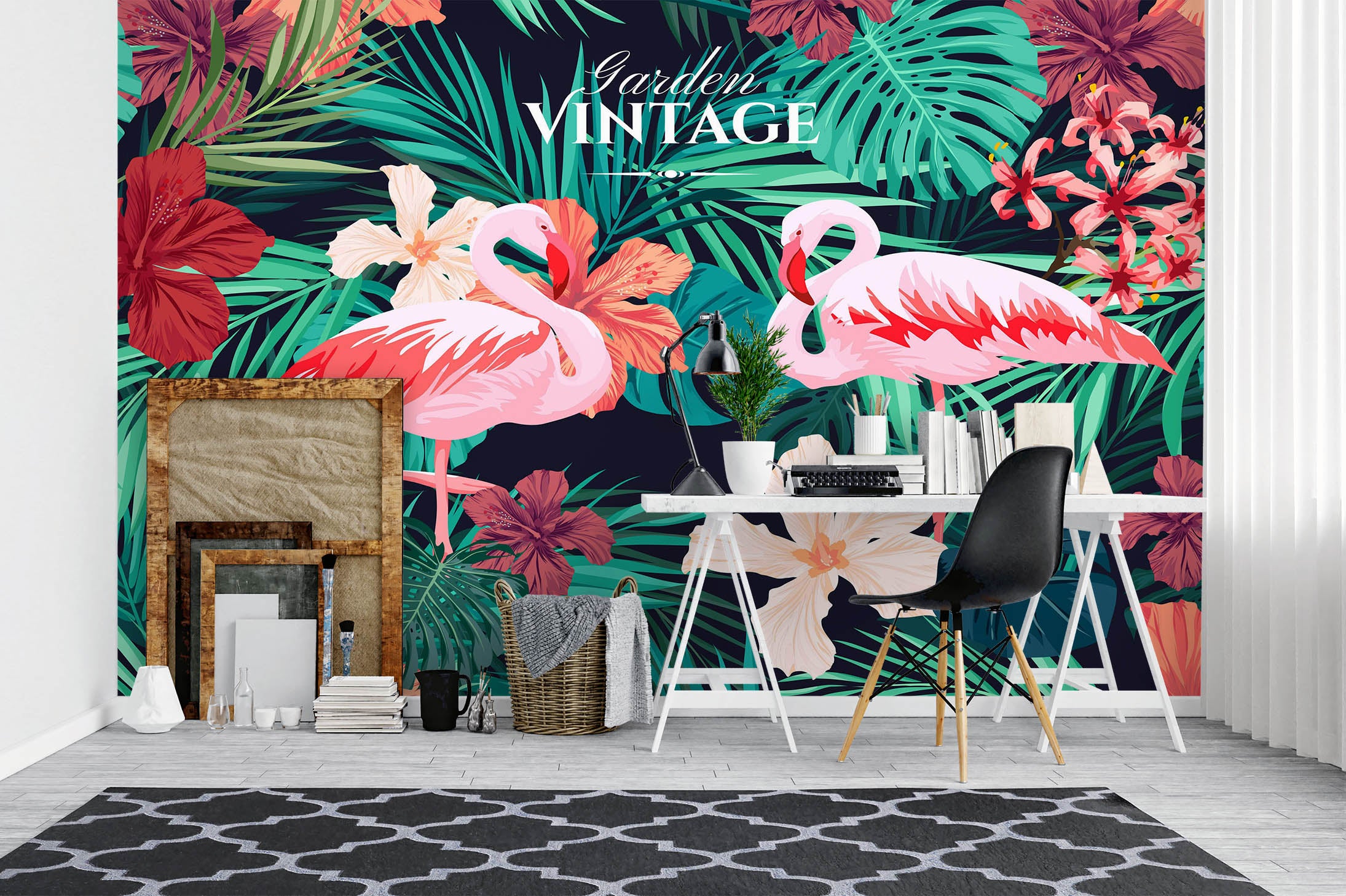 3D Flamingo Leaves 1039 Wall Murals