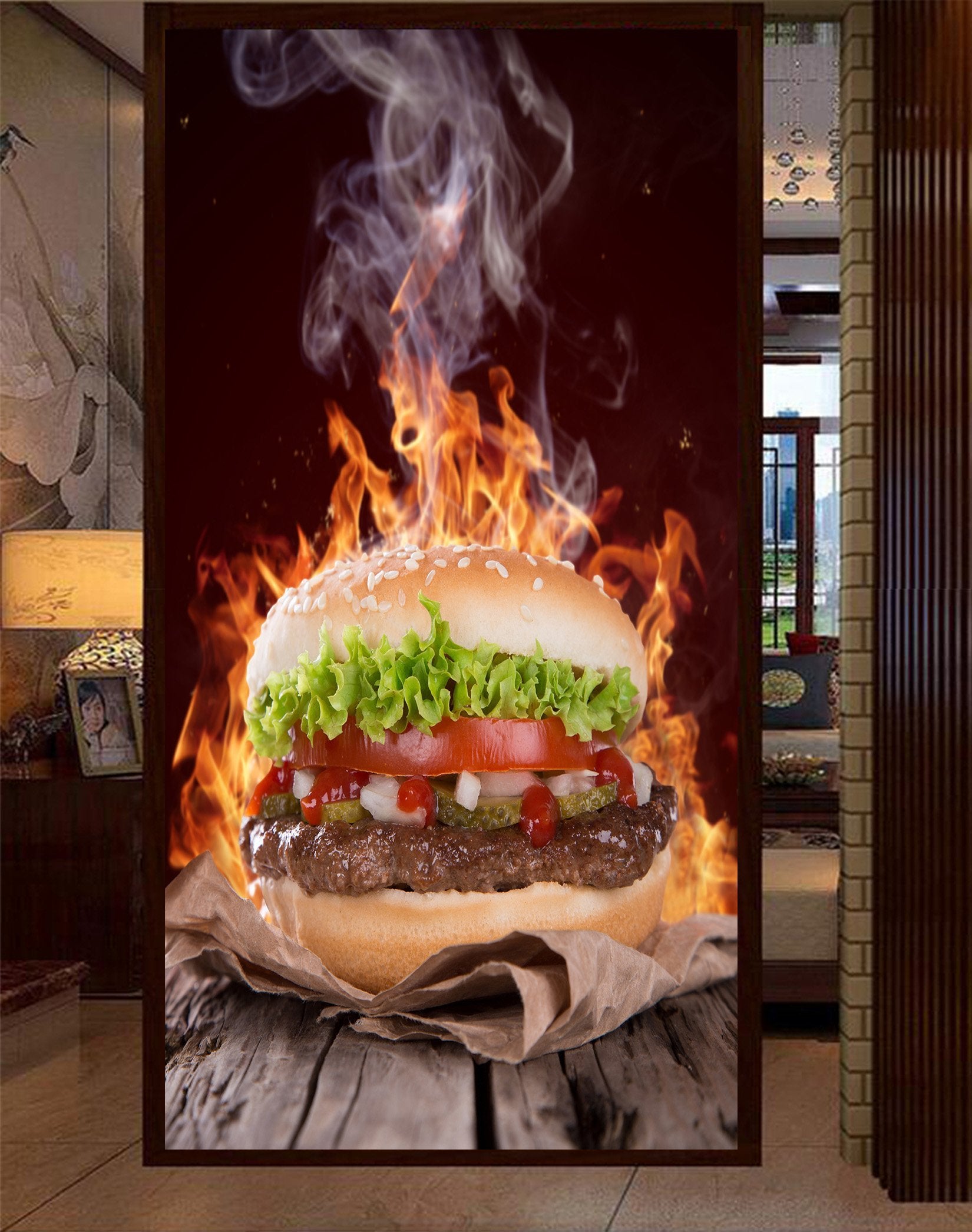 3D Fire Hamburger 005 Wallpaper AJ Wallpaper