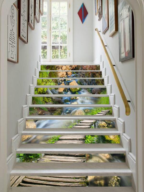 3D River Wood Bridge 789 Stair Risers Wallpaper AJ Wallpaper